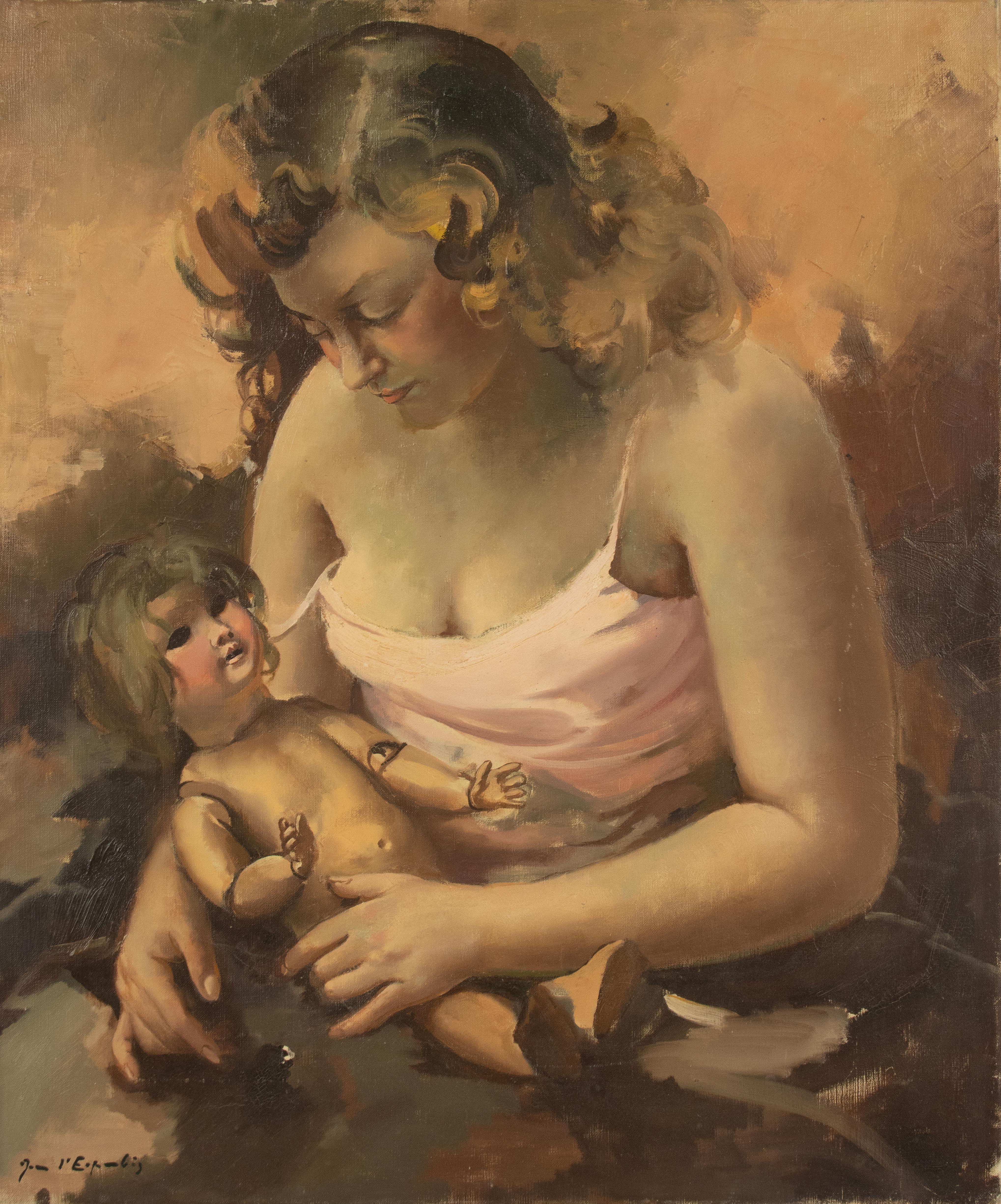 Wunderschönes und einfühlsam wiedergegebenes Öl auf Leinwand des französischen Malers Jean d'Esparbès.
Das um 1950-1960 entstandene Werk zeigt eine junge Frau, die sanft eine Puppe auf dem Schoß hält - eine zärtliche und symbolische Reflexion über
