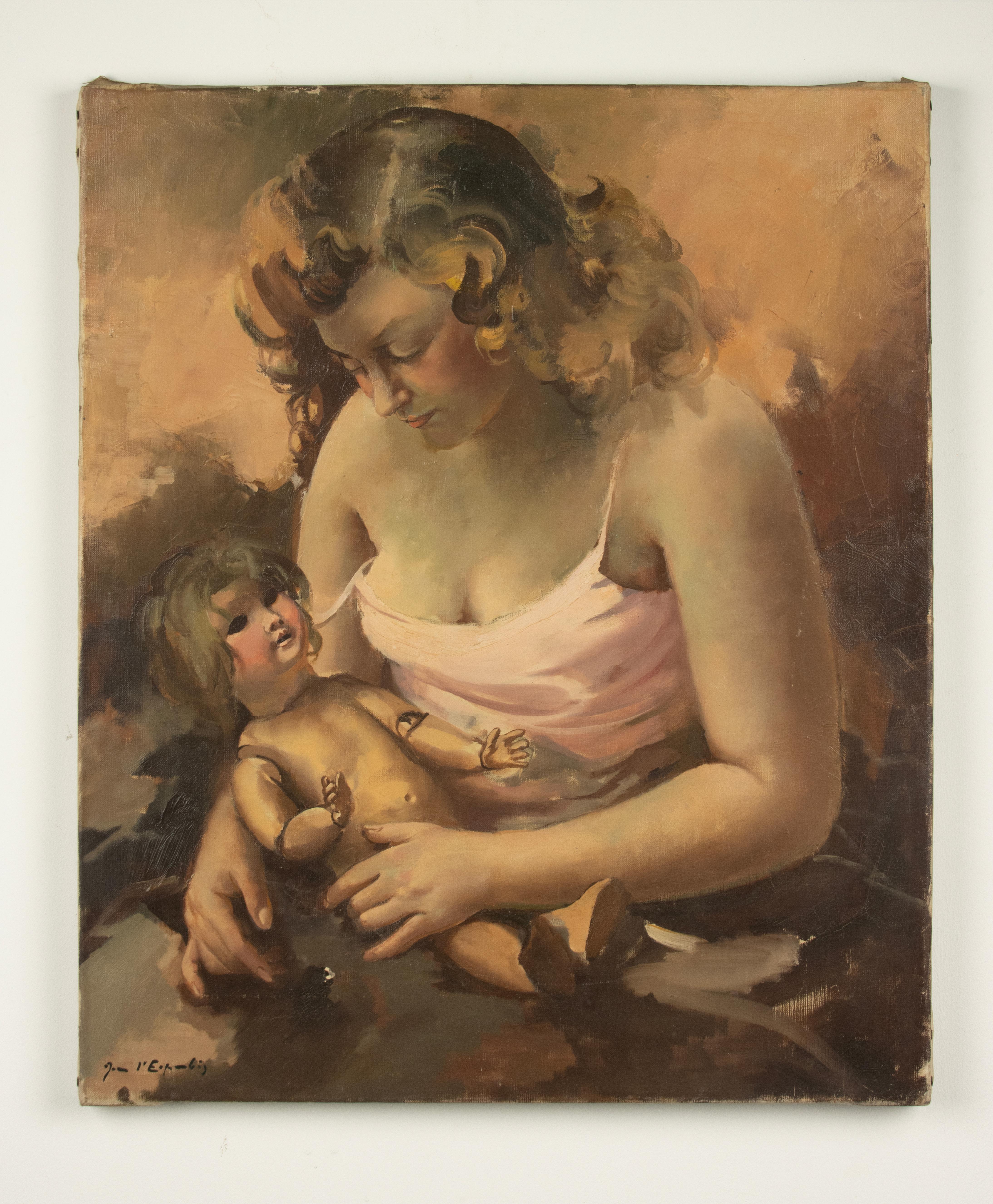 Mitte 20. Jahrhundert Ölgemälde - Jean d'Esparbès - Öl auf Leinwand - Mutterschaft (Französisch) im Angebot