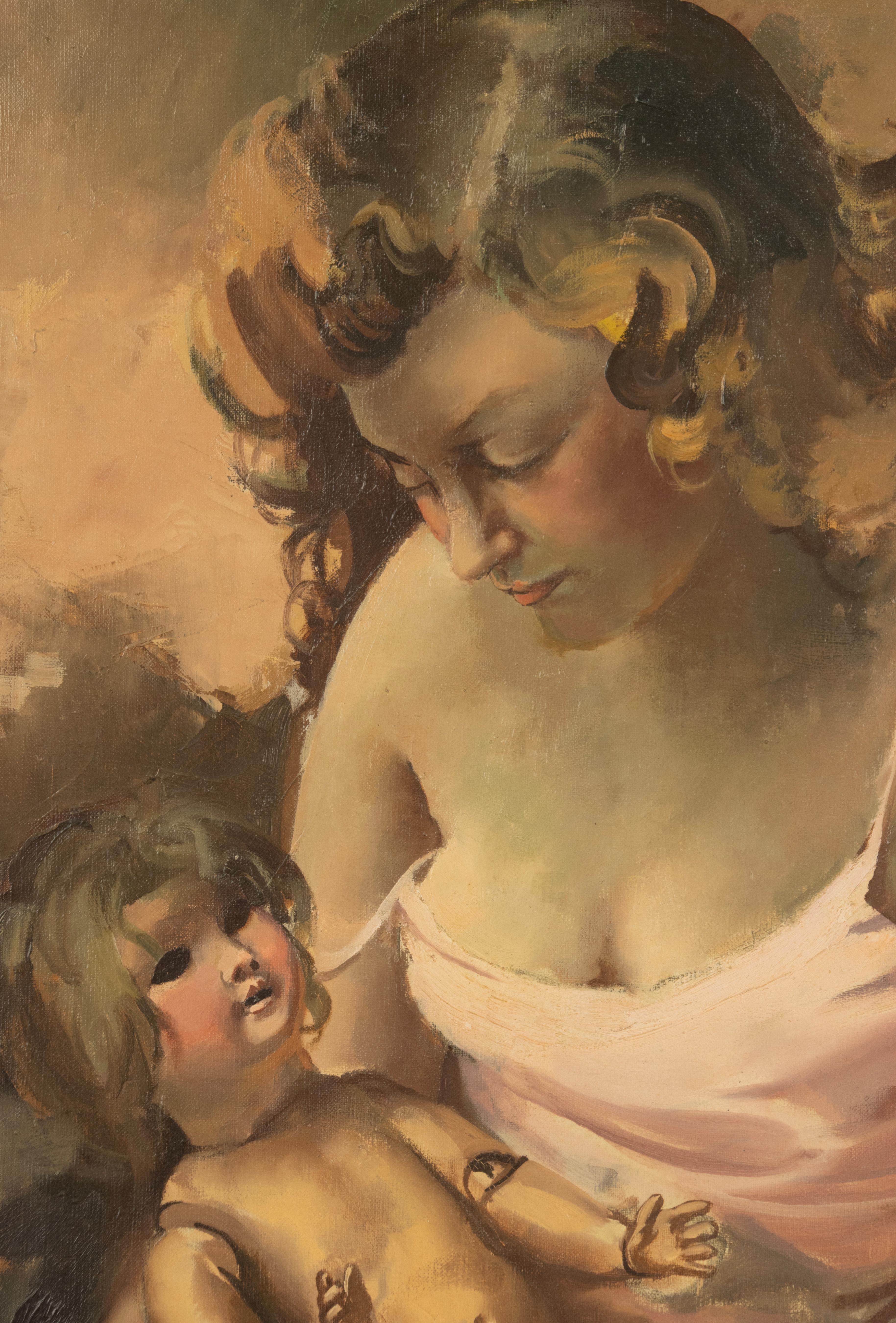 Mitte 20. Jahrhundert Ölgemälde - Jean d'Esparbès - Öl auf Leinwand - Mutterschaft im Zustand „Gut“ im Angebot in Casteren, Noord-Brabant