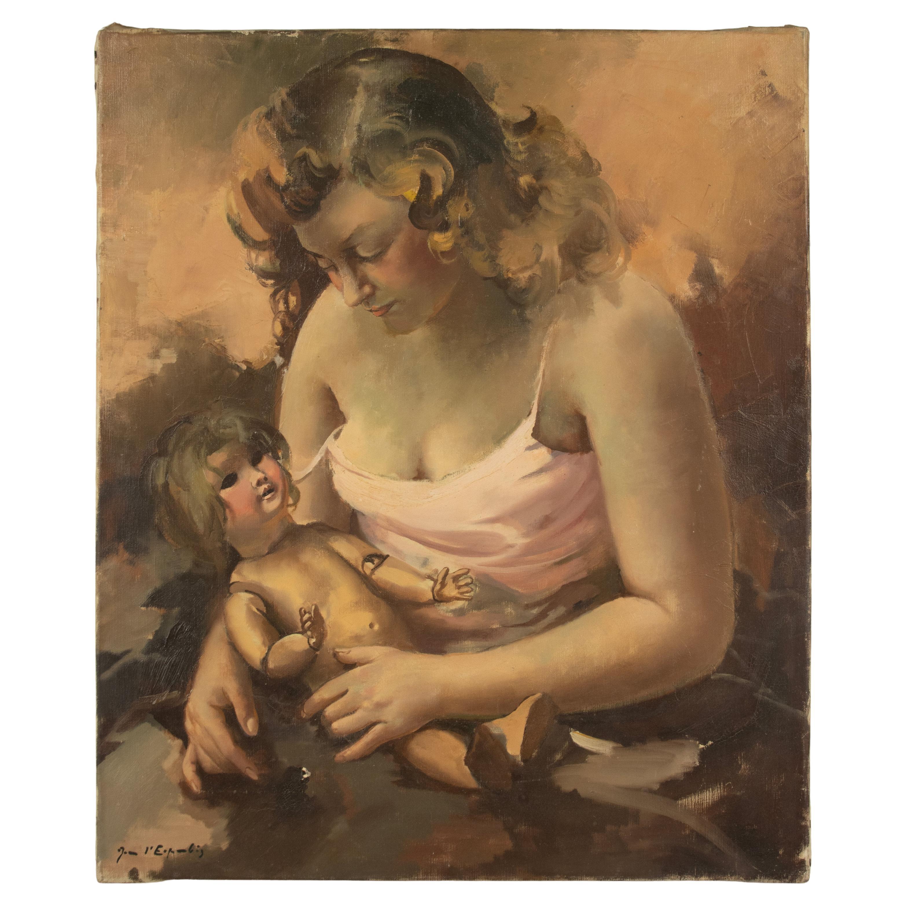 Mitte 20. Jahrhundert Ölgemälde - Jean d'Esparbès - Öl auf Leinwand - Mutterschaft im Angebot