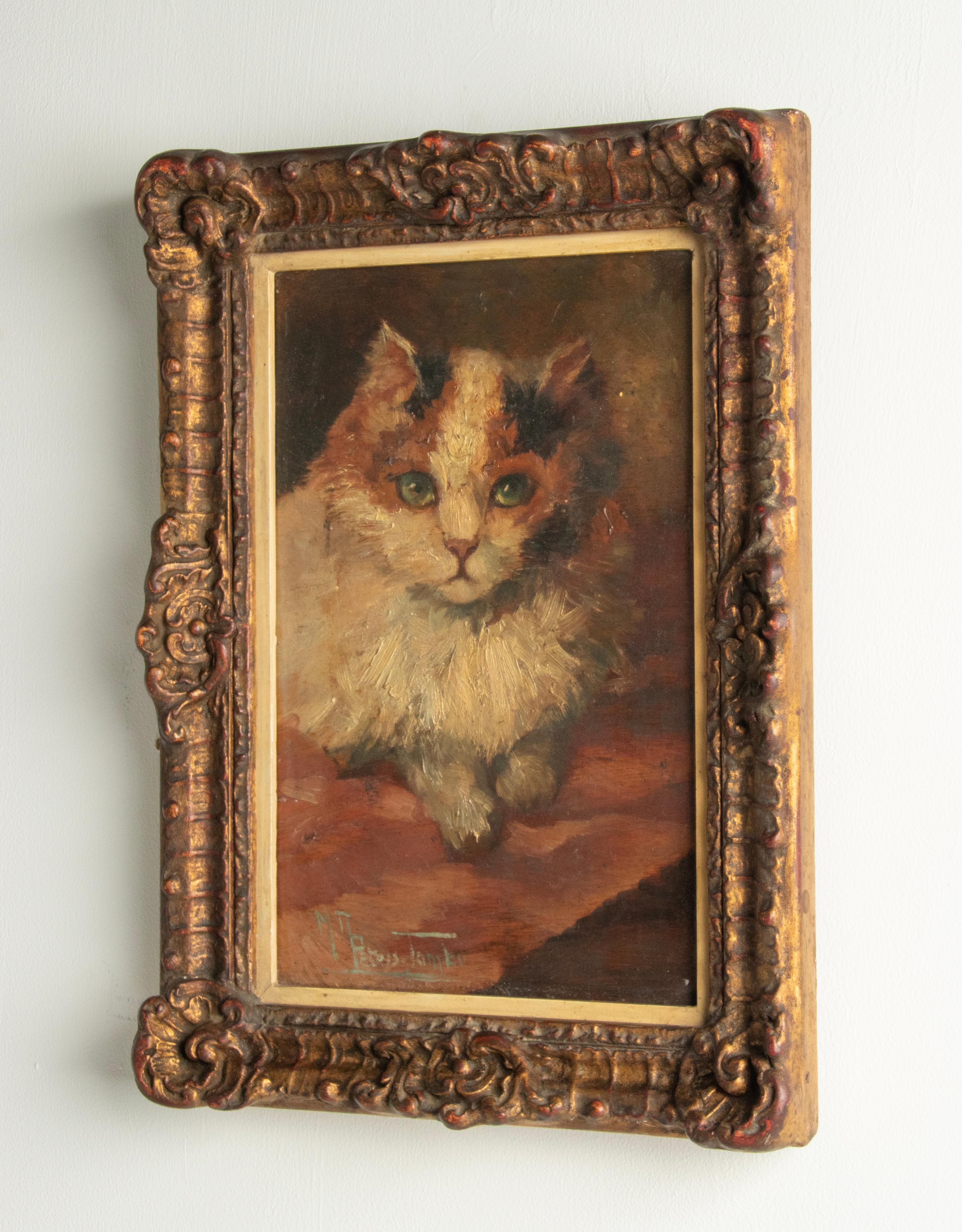 Hand-Painted Mid 20th Century Oil Painting of a Cat by Madeleine Peters-Tombu For Sale