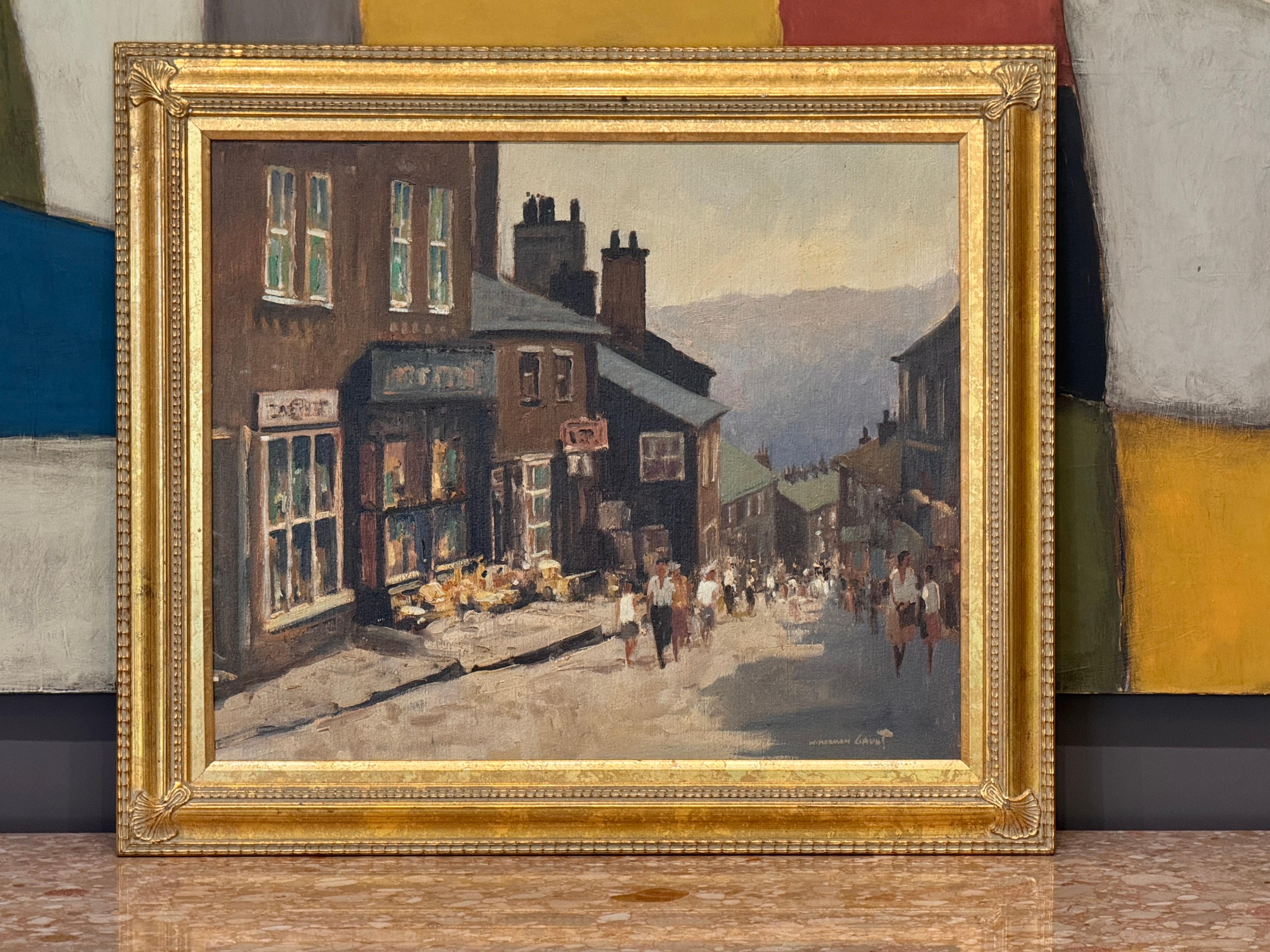 Öl auf Leinwand des britischen Künstlers William Norman Gaunt (1919-2001) aus der Mitte des 20. Jahrhunderts, das eine belebte englische Einkaufsstraße zeigt. Das Werk fängt eine mit Menschen gefüllte Szene mit warmem Licht und dynamischem