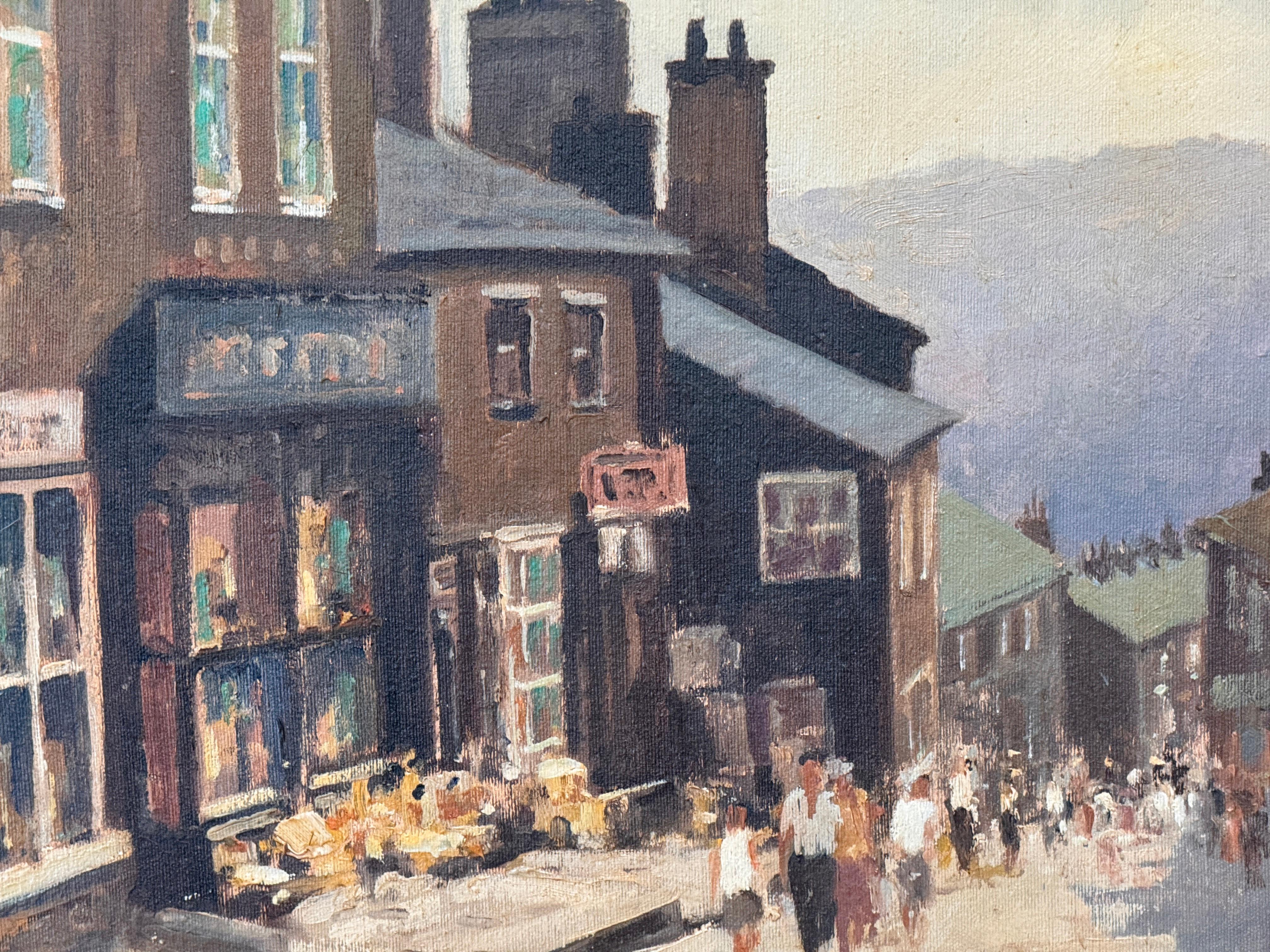 Mitte des 20. Jahrhunderts Ölgemälde der englischen High Street von William Norman Gaunt (Leinwand) im Angebot