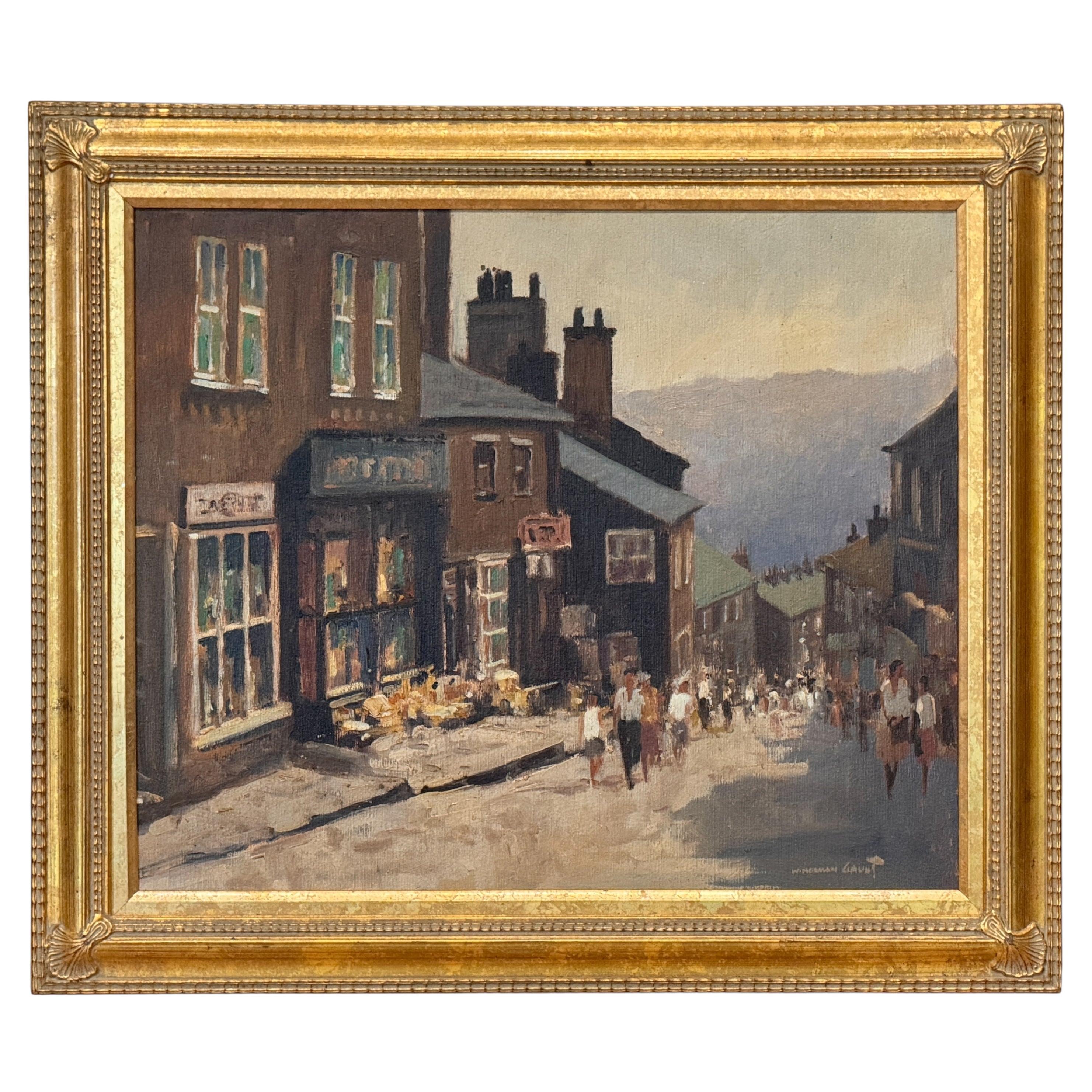 Mitte des 20. Jahrhunderts Ölgemälde der englischen High Street von William Norman Gaunt im Angebot