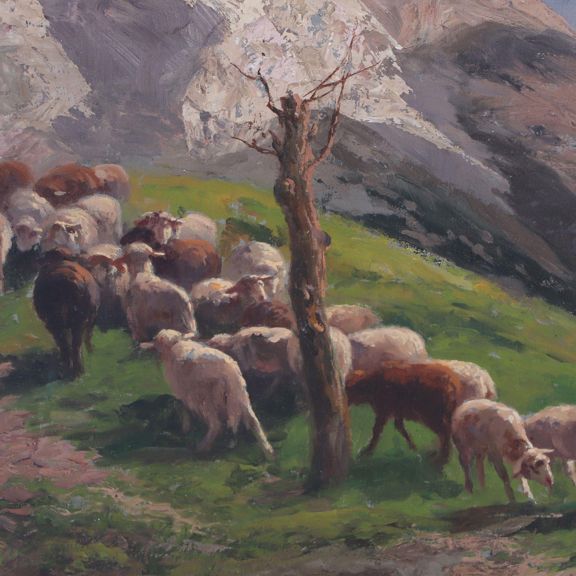 Mid 20th Century Oil Painting of Sheep in a Mountain Pasture, Framed In Good Condition For Sale In Philadelphia, PA