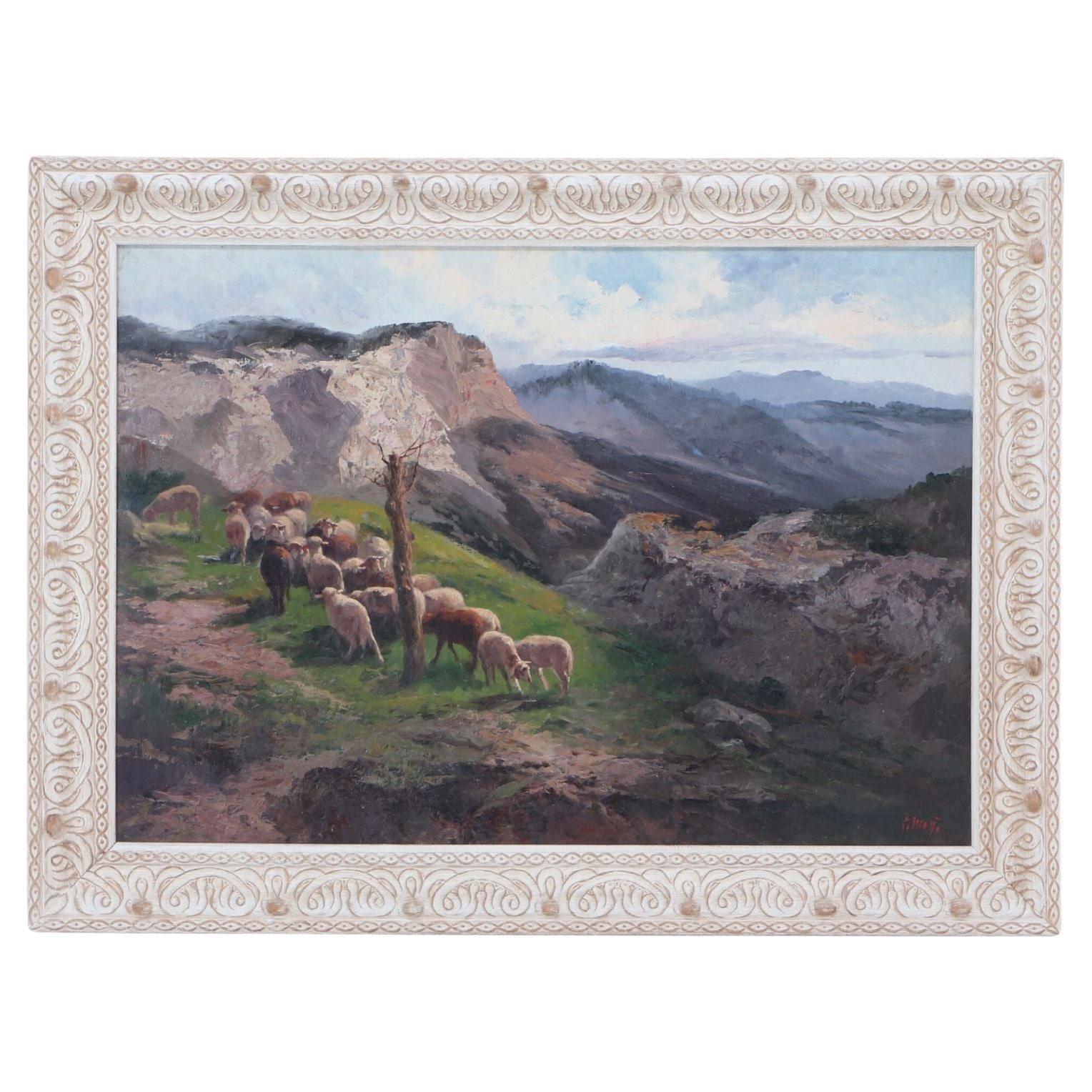 Mid 20th Century Oil Painting of Sheep in a Mountain Pasture, Framed
