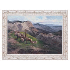 Peinture à l'huile du milieu du 20e siècle représentant des moutons dans un alpage, encadrée