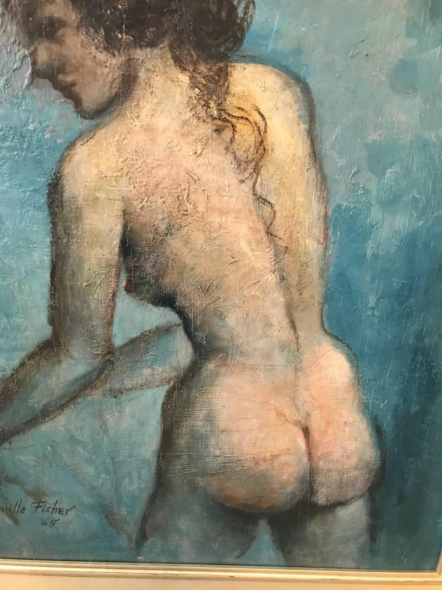 Oil painting on board of a standing female nude in profile. Impressionist style, artist-signed and dated 1965 in a later silver giltwood frame.