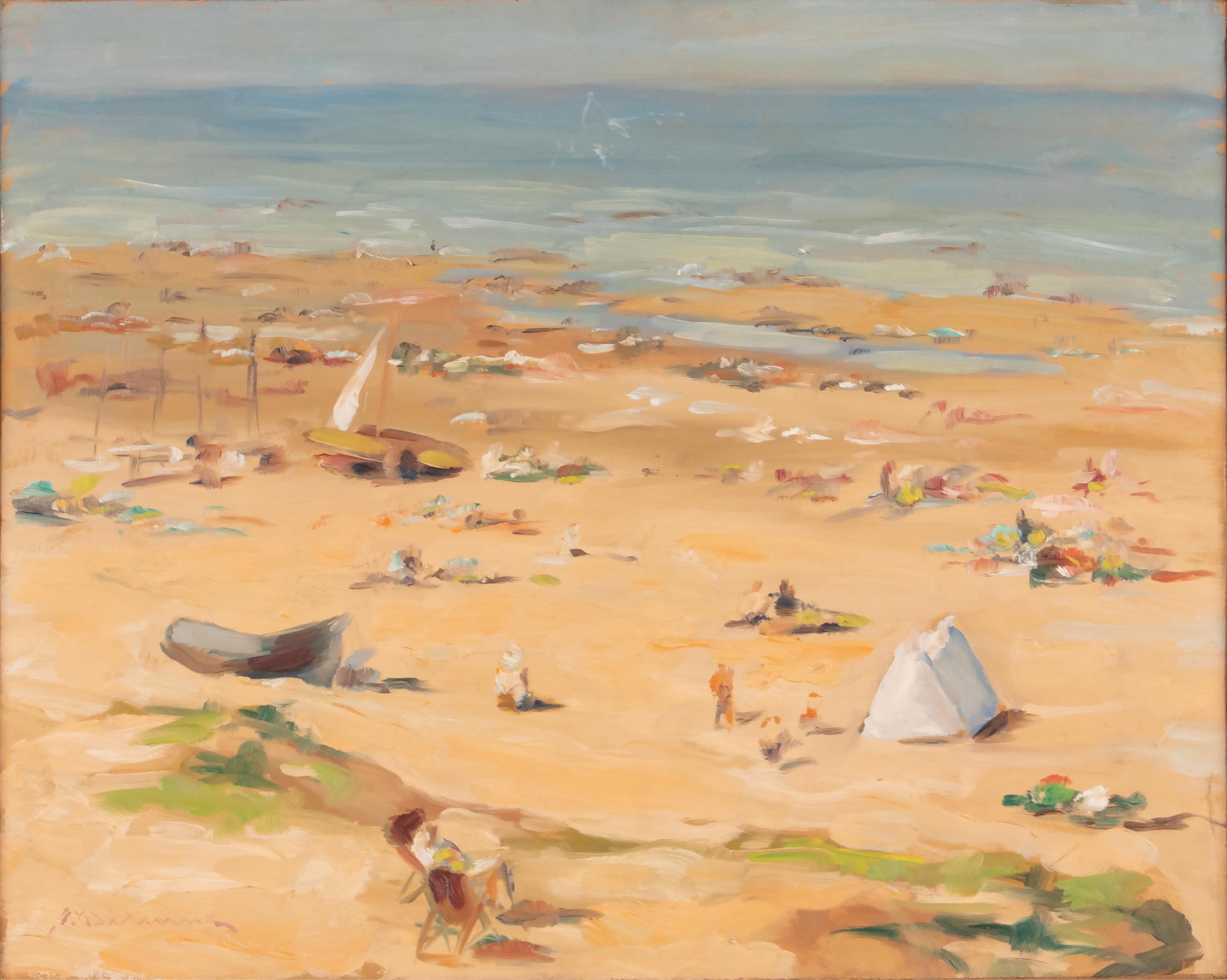 A painting of a scene at a beach on a summery in impressionistic style. It has a signature left under, but it's illisible. In a wooden frame. Painted on hardboard.
It is dated oil the backside: 1948. But it's not sure it's made on that date.