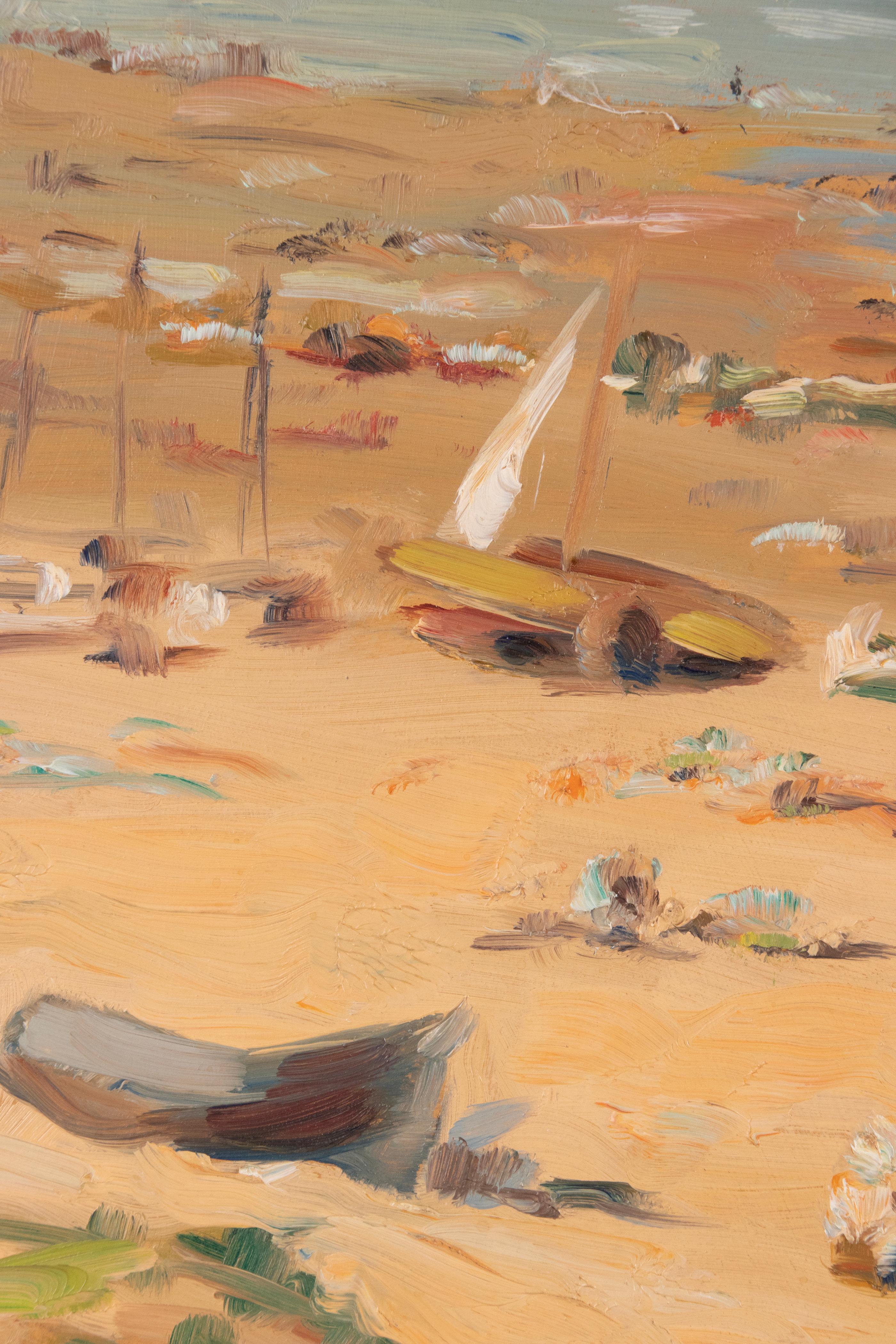 Peint à la main Peinture à l'huile du milieu du 20e siècle Journée d'été à la plage en vente