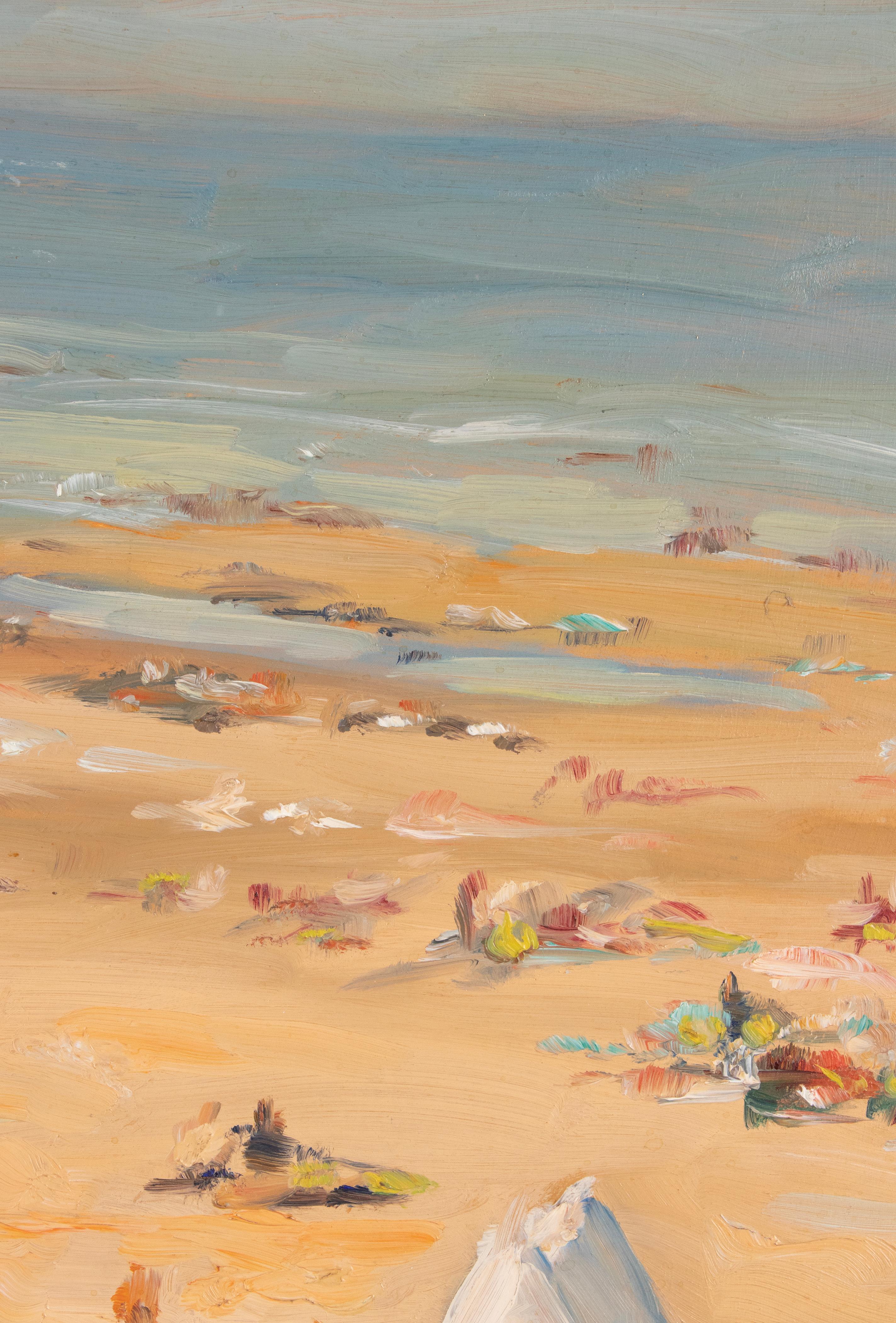 Hand-Painted Mid-20th Century Oil Painting Summerday at the Beach For Sale