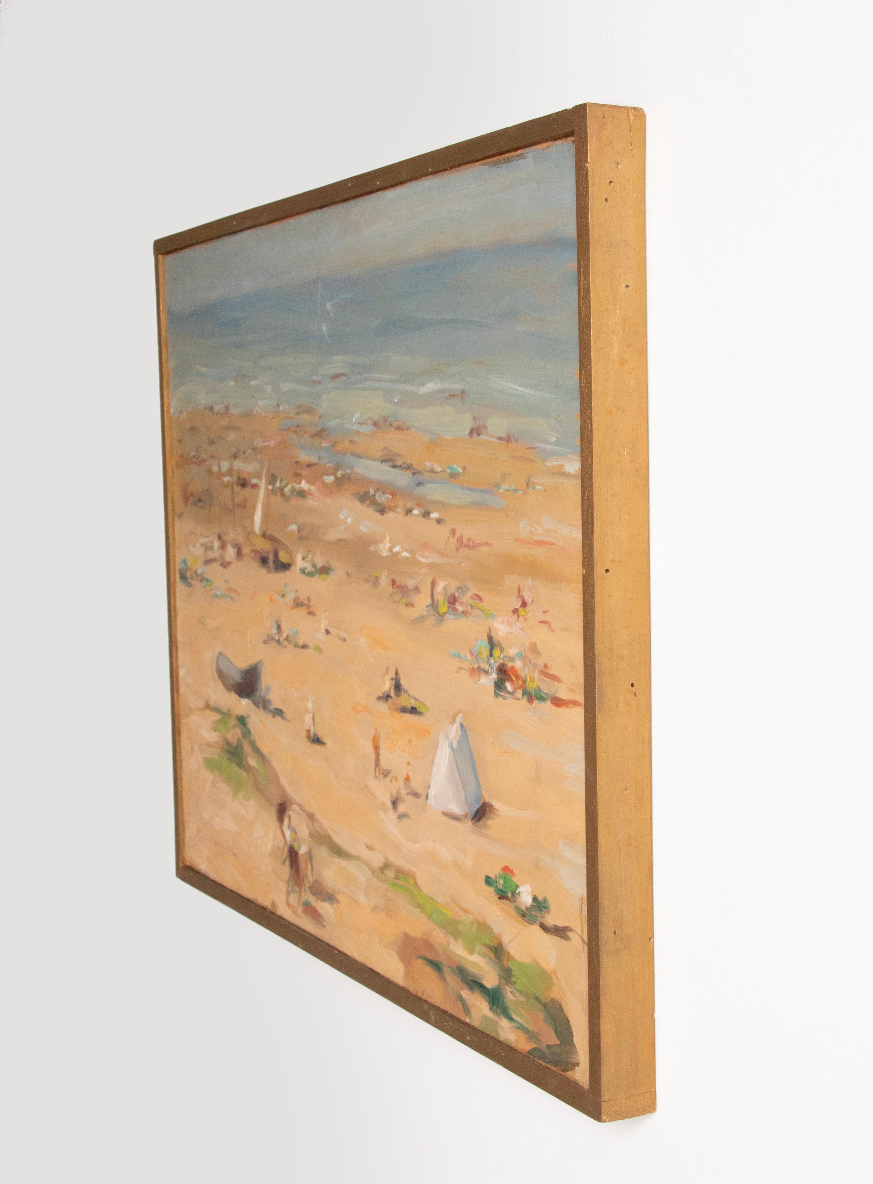 20ième siècle Peinture à l'huile du milieu du 20e siècle Journée d'été à la plage en vente