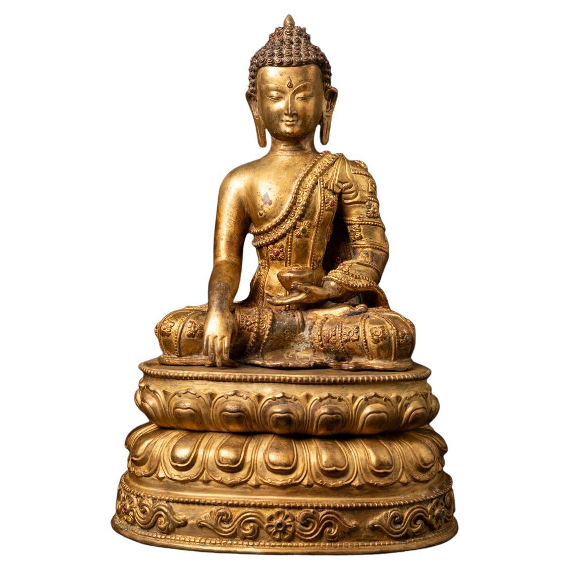 Mid-20th century old bronze Nepali Buddha statue i20.5nlaid with real gem stones