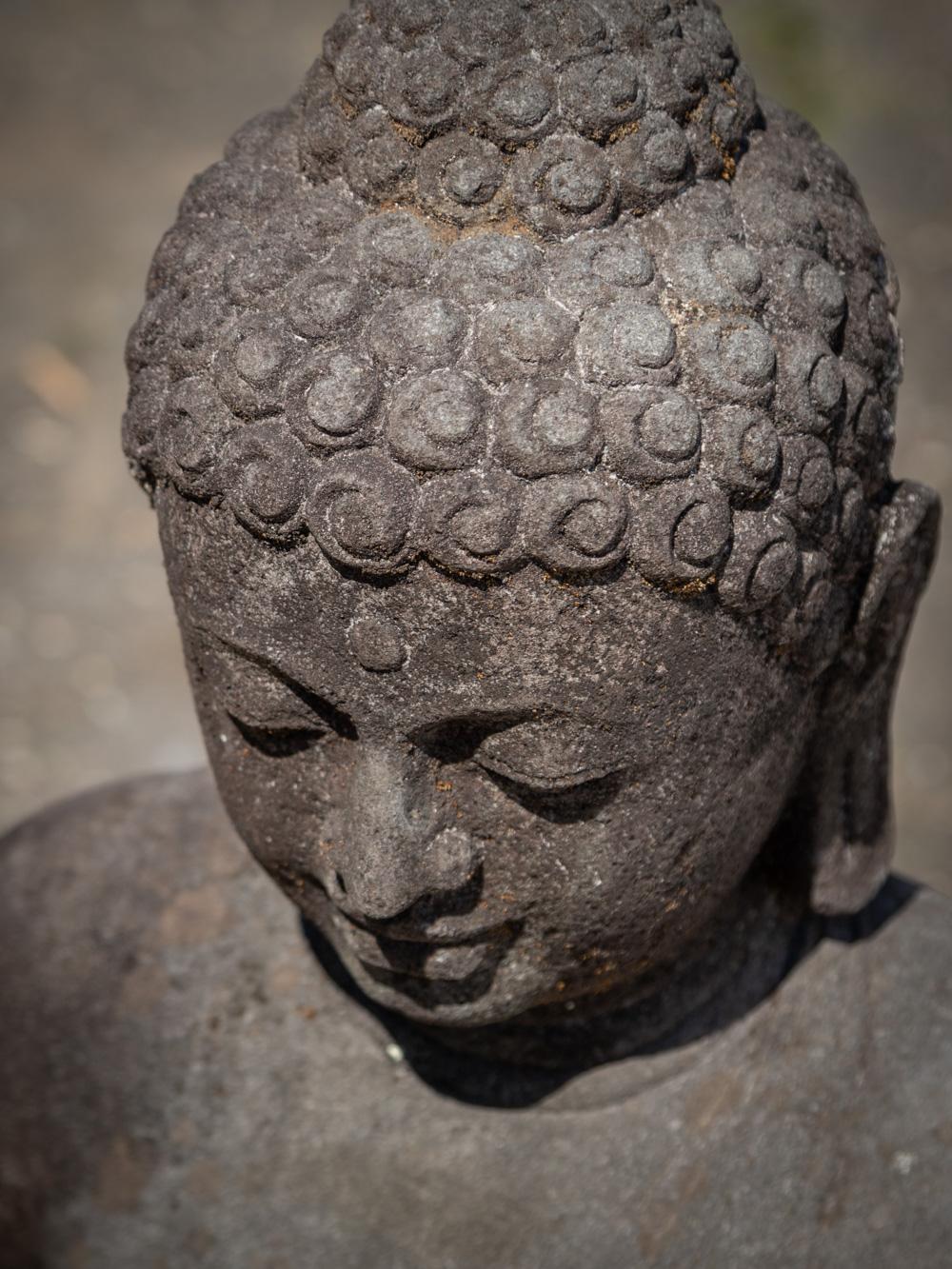 Infuse your space with a serene and captivating aura with this old lavastone Buddha statue. Crafted from durable and natural lavastone, this statue stands at an impressive height of 81 cm, with dimensions of 65 cm wide and 43 cm deep. Its