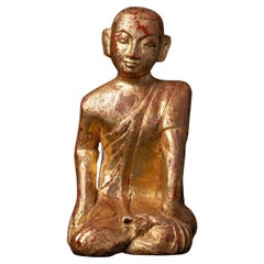 Mid-20th century old wooden Burmese Monk statue from Burma - OriginalBuddhas