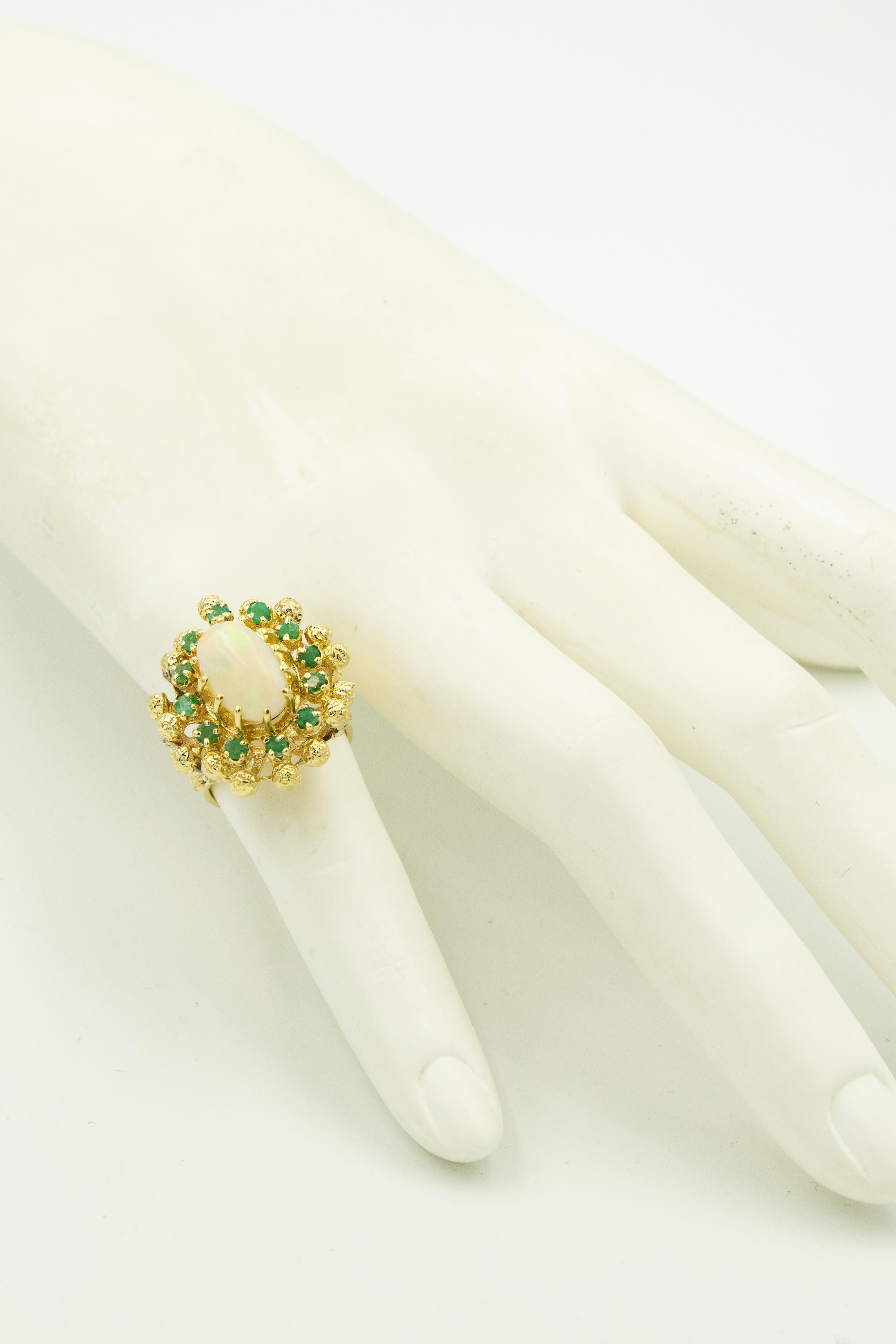 Women's Mid-20th Century Opal Emerald Textured Gold Ball Cluster Ring For Sale