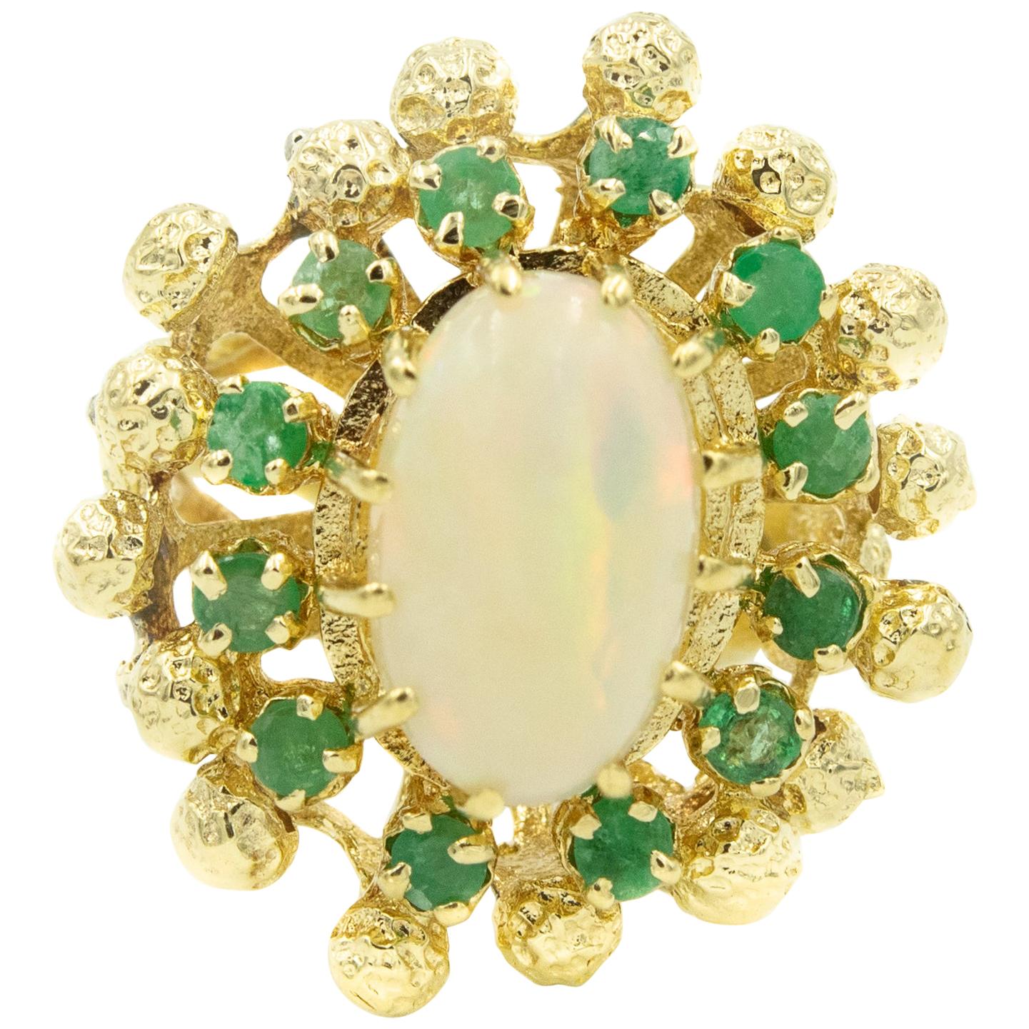 Mid-20th Century Opal Emerald Textured Gold Ball Cluster Ring
