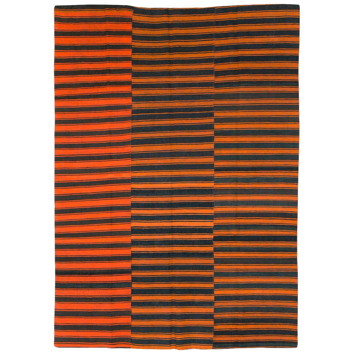 Mid-20th Century Orange and Black Turkish Flat-Weave Kilim Room Size Accent Rug