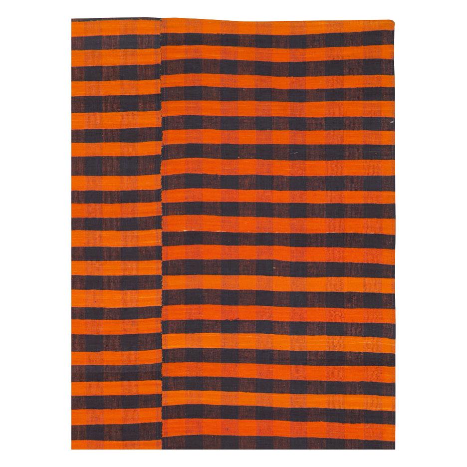 Mid-Century Modern Mid-20th Century Orange and Black Turkish Flat-Weave Kilim Room Size Accent Rug For Sale