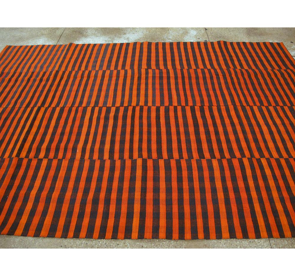 Wool Mid-20th Century Orange and Black Turkish Flat-Weave Kilim Room Size Accent Rug For Sale