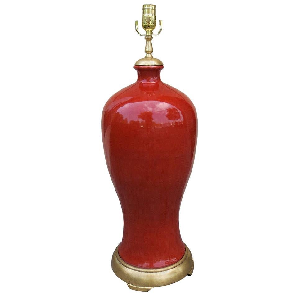 Mid-20th Century Orange Porcelain Vase as Lamp on Custom Giltwood Base For Sale