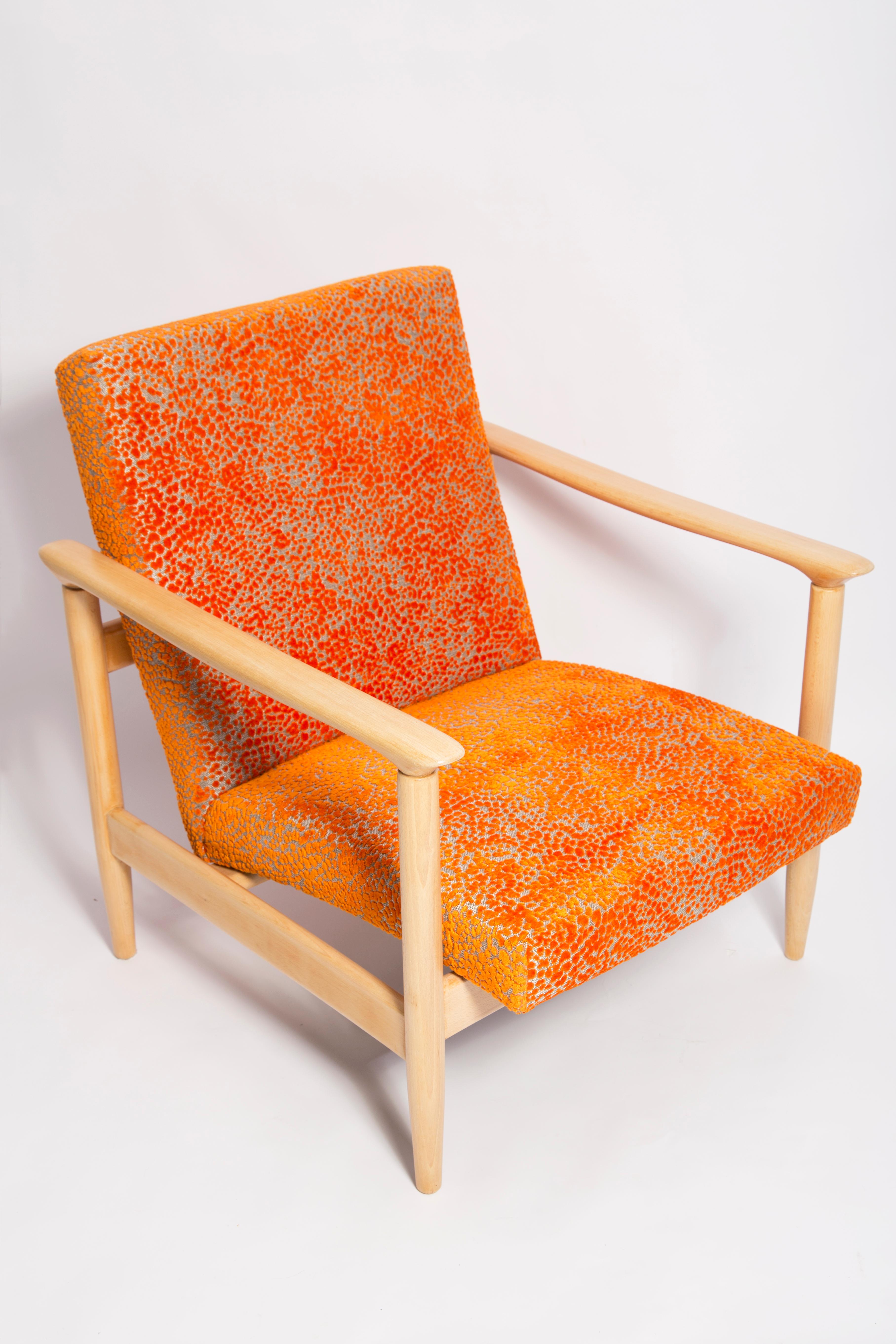 Polish Mid-20th Century Orange Velvet Armchair, Edmund Homa, Europe, 1960s For Sale
