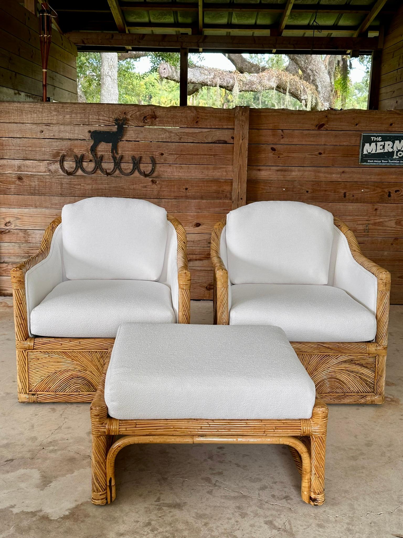Mid-20th Century Organic Modern Pencil Rattan Club Chair Ottoman New Upholstery 5