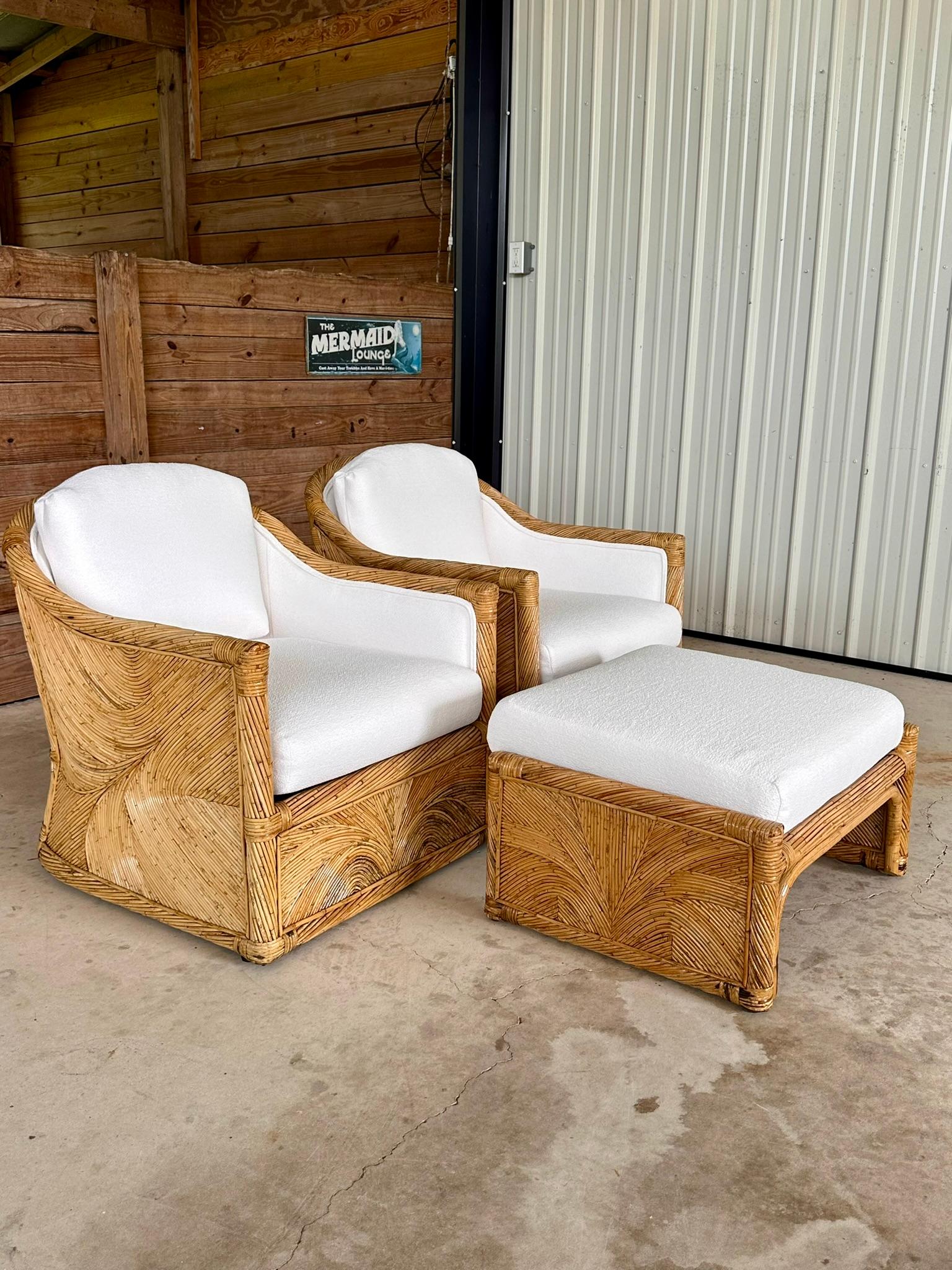Mid-20th Century Organic Modern Pencil Rattan Club Chair Ottoman New Upholstery 6