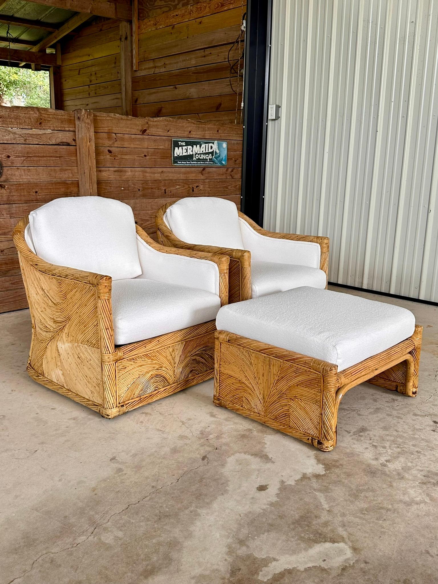 Mid-20th Century Organic Modern Pencil Rattan Club Chair Ottoman New Upholstery 11