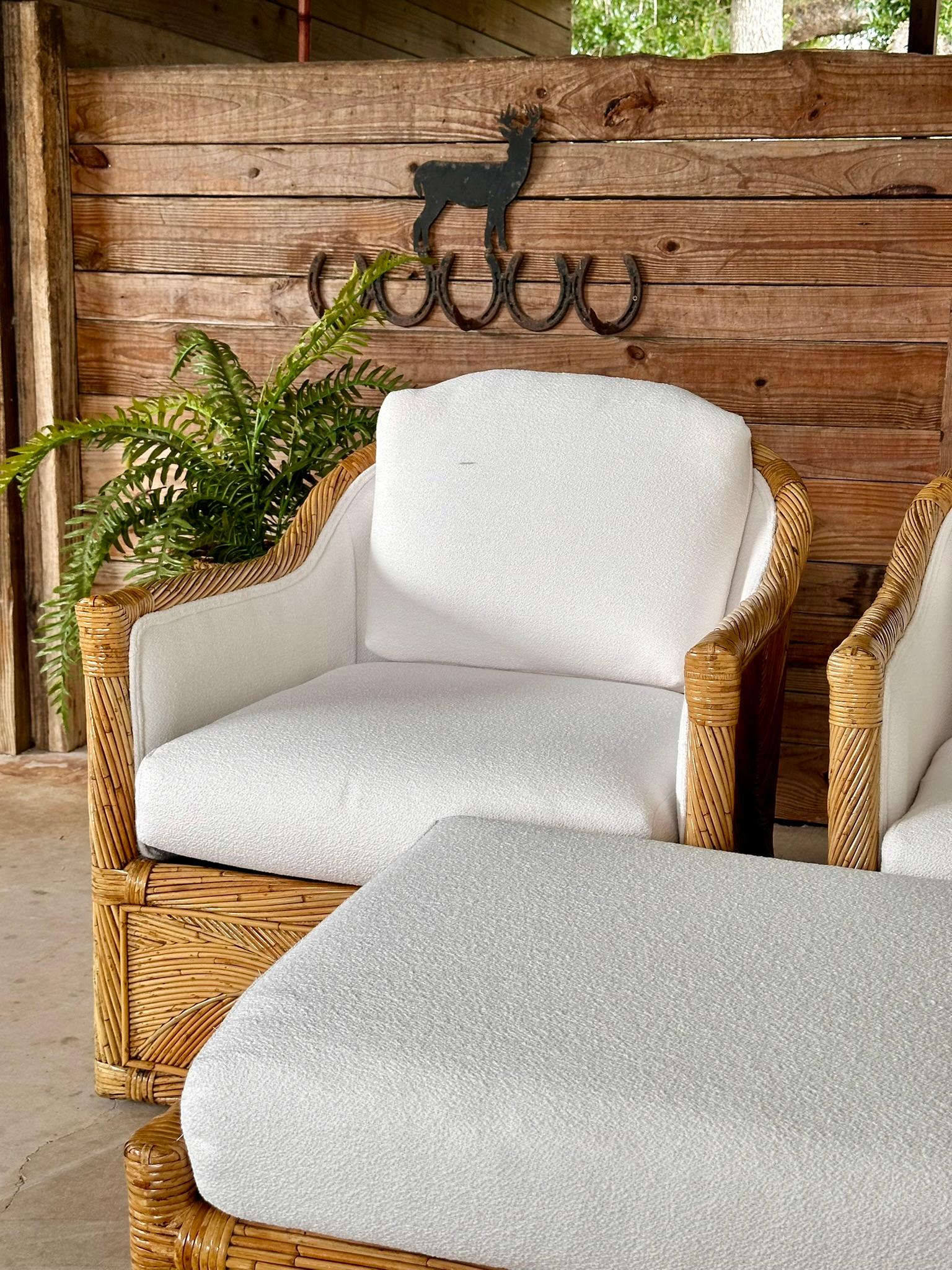 Mid-20th Century Organic Modern Pencil Rattan Club Chair Ottoman New Upholstery 13