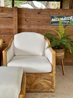 Mid-20th Century Organic Modern Pencil Rattan Club Chair Ottoman New Upholstery