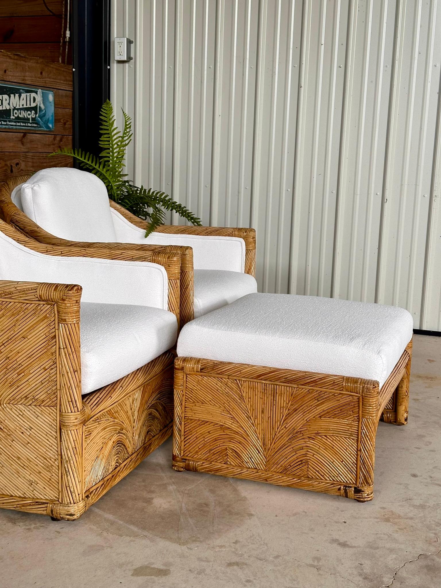 Bohemian Mid-20th Century Organic Modern Pencil Rattan Club Chair Ottoman New Upholstery