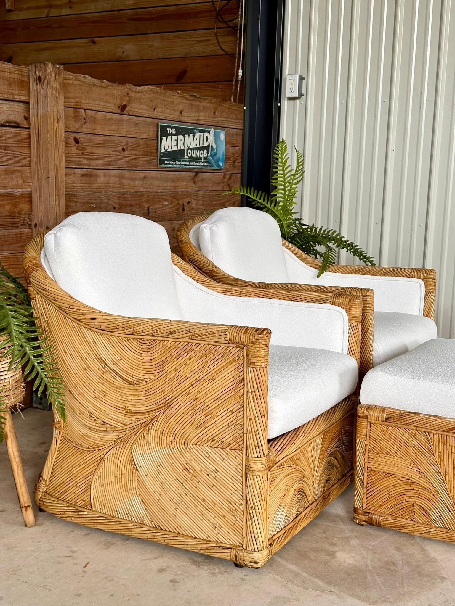 Unknown Mid-20th Century Organic Modern Pencil Rattan Club Chair Ottoman New Upholstery
