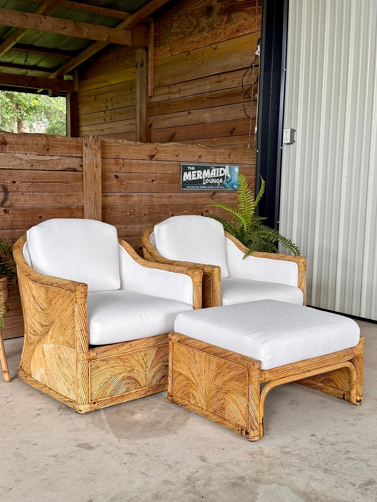 Hand-Crafted Mid-20th Century Organic Modern Pencil Rattan Club Chair Ottoman New Upholstery