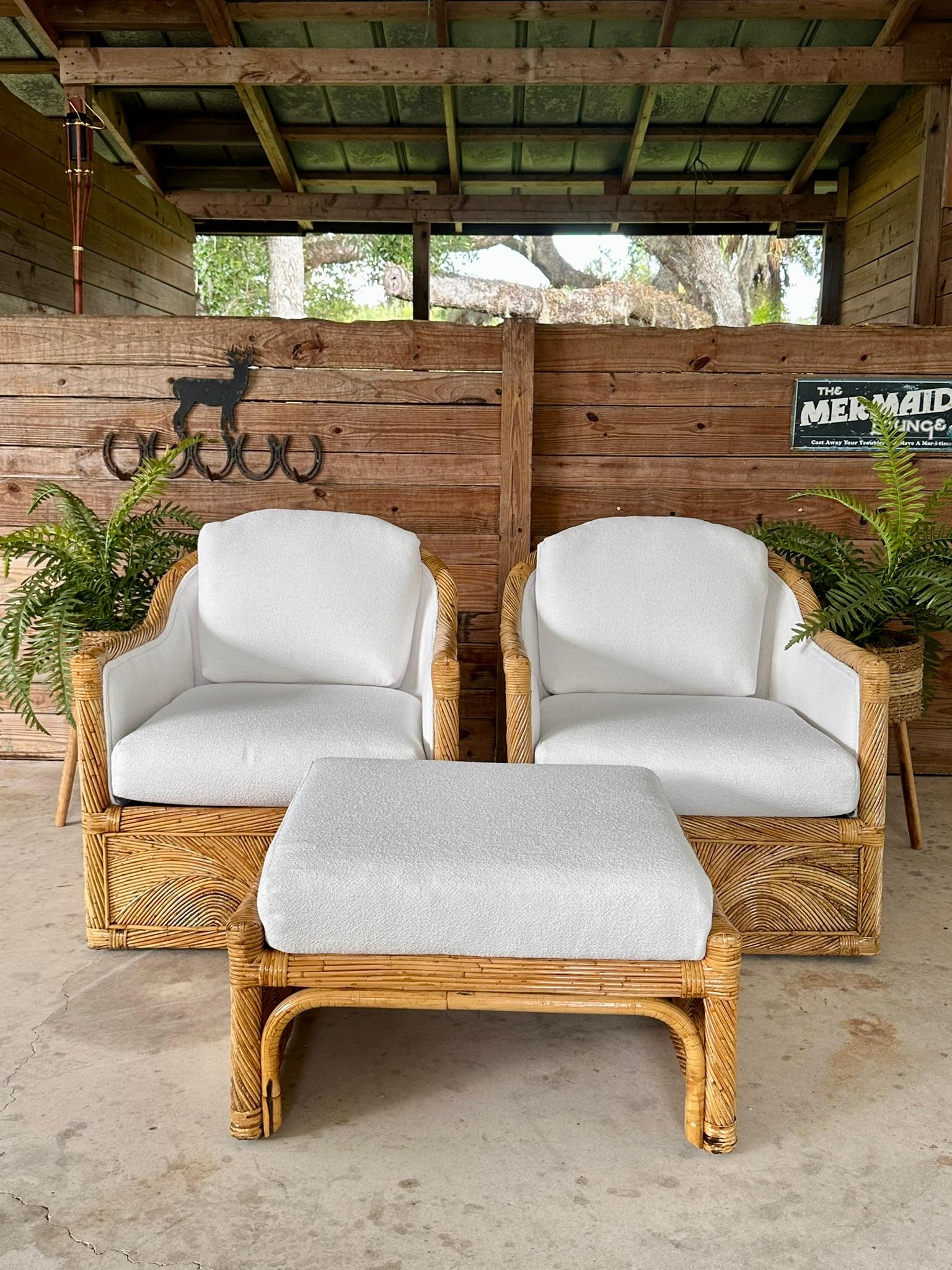 Mid-20th Century Organic Modern Pencil Rattan Club Chair Ottoman New Upholstery In Good Condition In North Fort Myers, FL