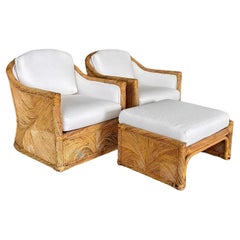 Mid-20th Century Organic Modern Pencil Rattan Club Chair Ottoman New Upholstery
