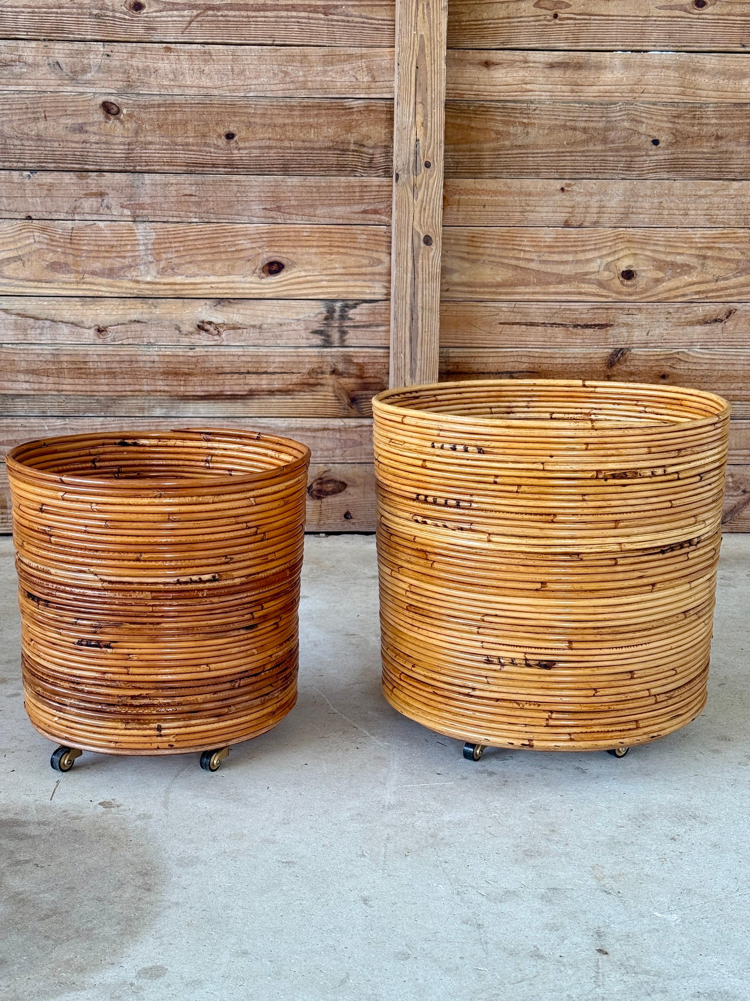 Mid-20th Century Organic Modern Pencil Rattan Rolling Planter or Wastebasket For Sale 6