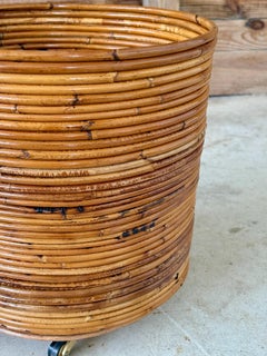 Mid-20th Century Organic Modern Pencil Rattan Rolling Planter or Wastebasket