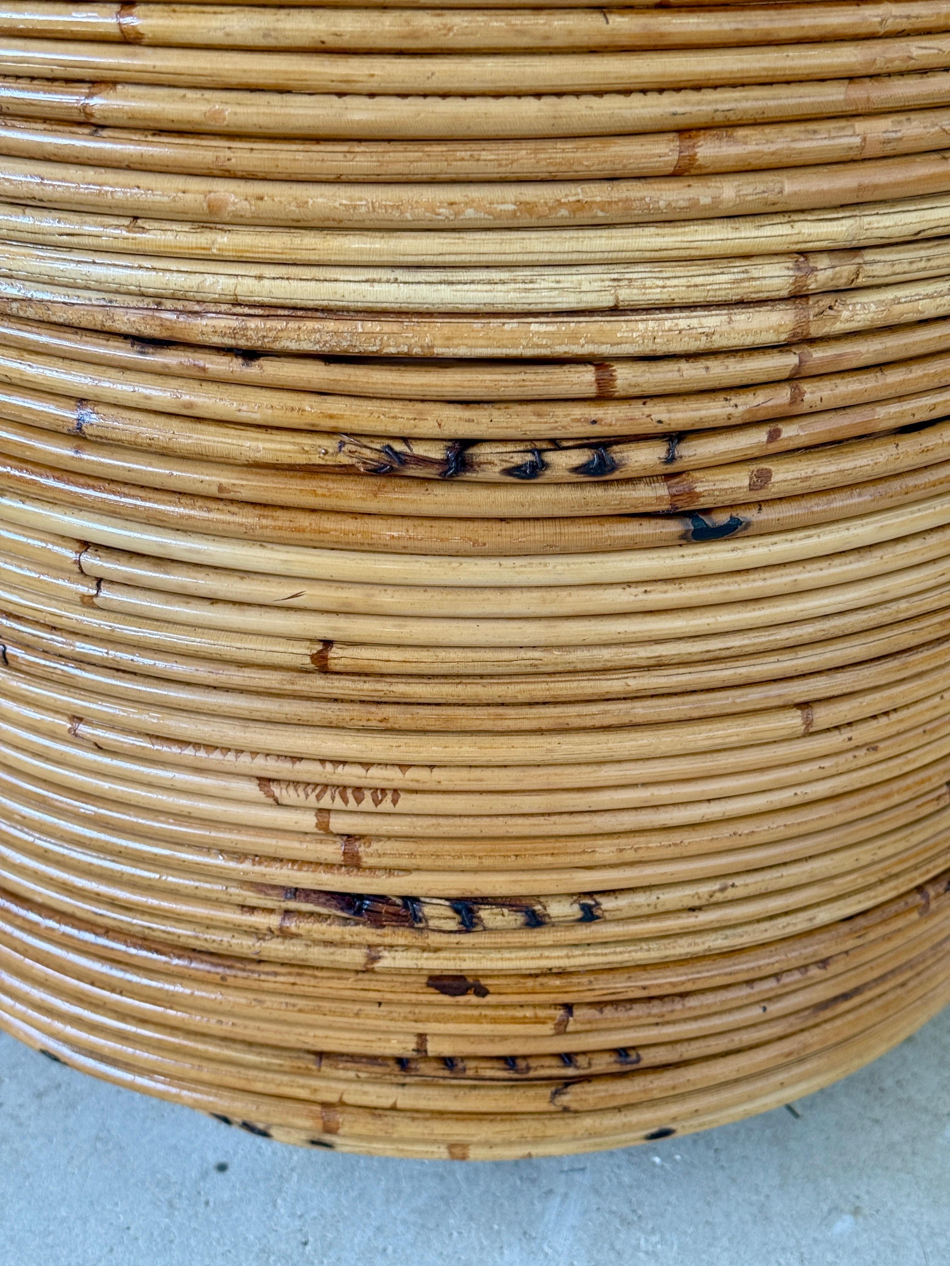 American Mid-20th Century Organic Modern Pencil Rattan Rolling Planter or Wastebasket For Sale
