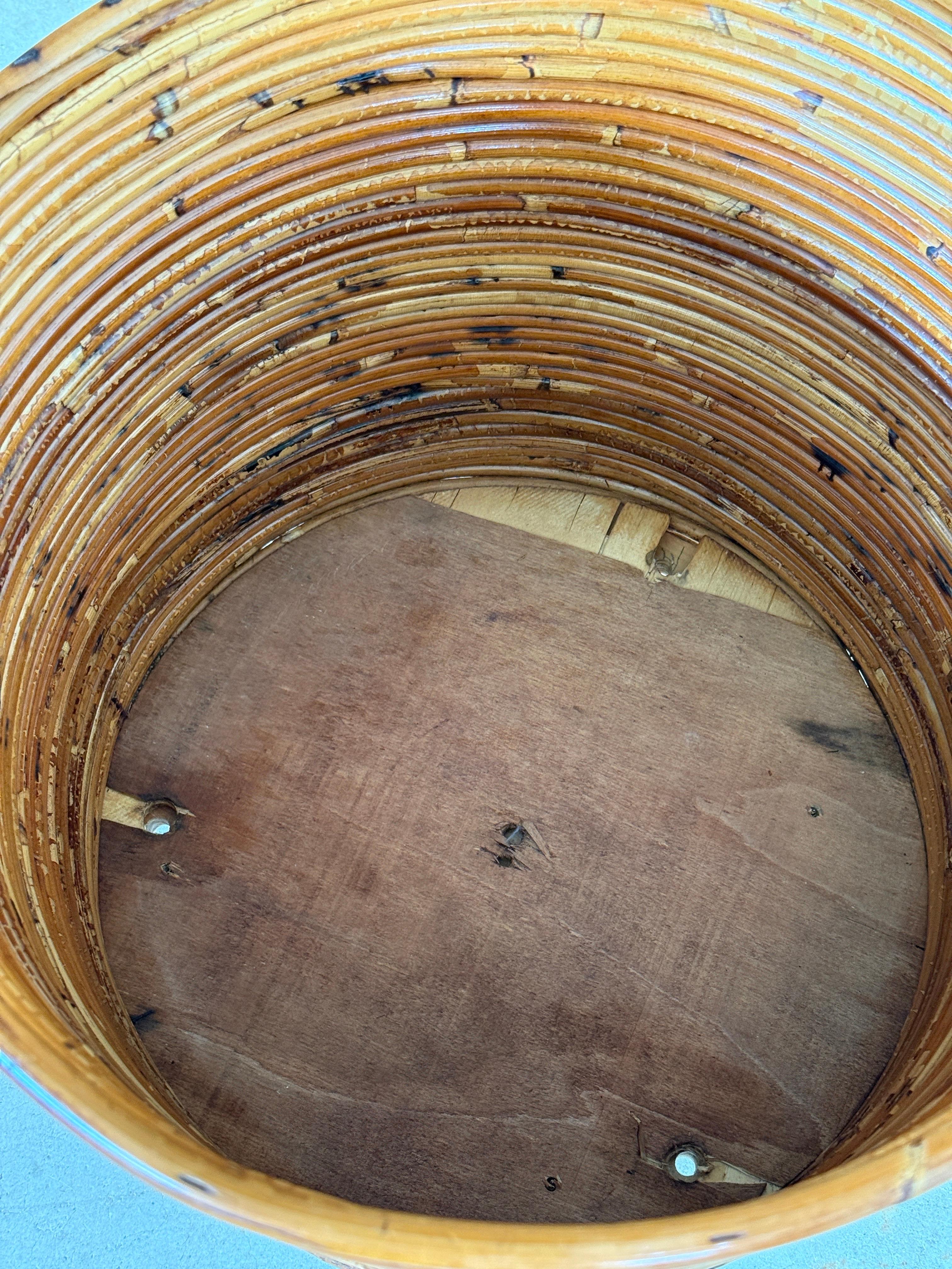 Hand-Crafted Mid-20th Century Organic Modern Pencil Rattan Rolling Planter or Wastebasket For Sale
