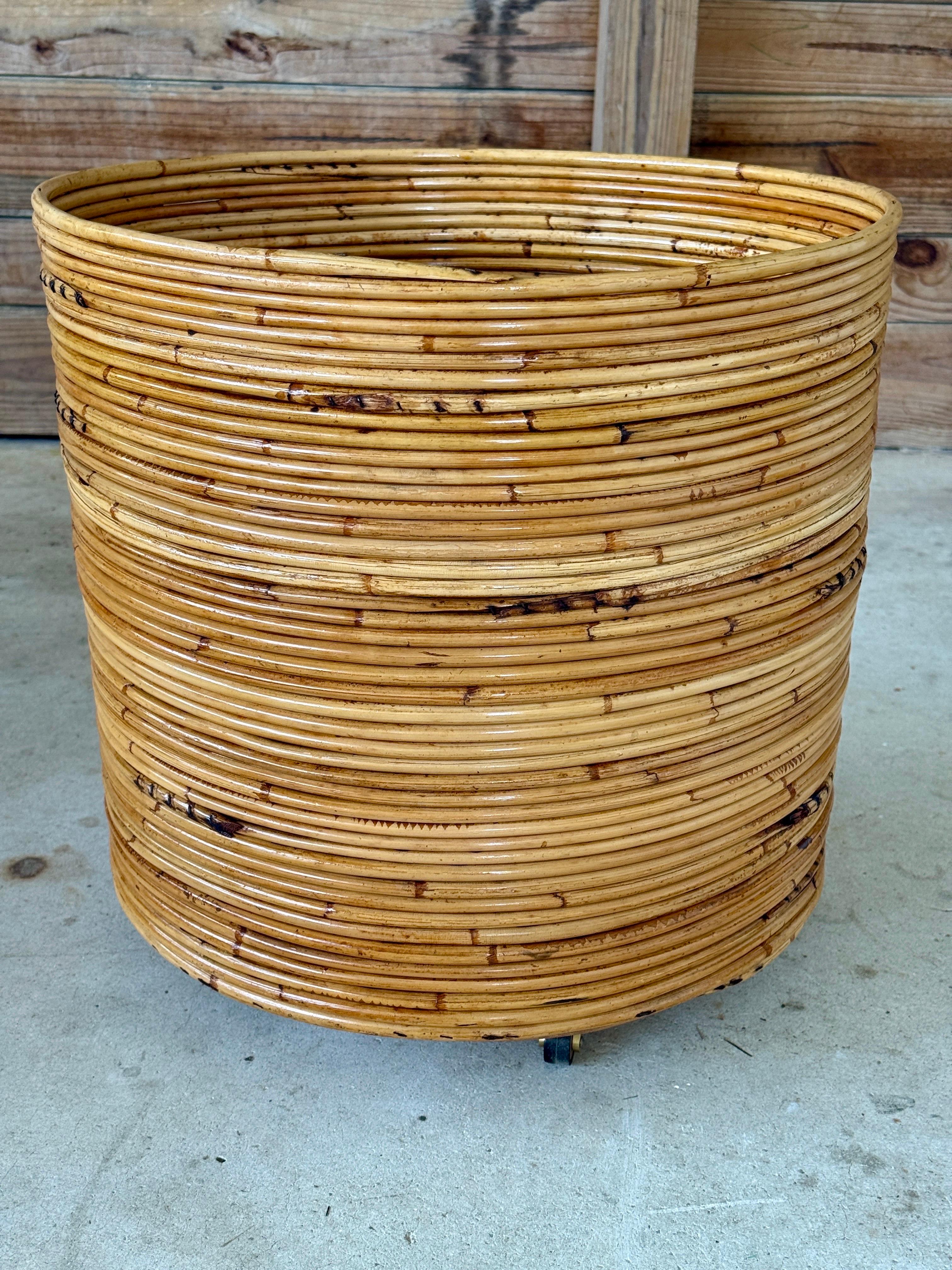 Mid-20th Century Organic Modern Pencil Rattan Rolling Planter or Wastebasket In Good Condition For Sale In North Fort Myers, FL