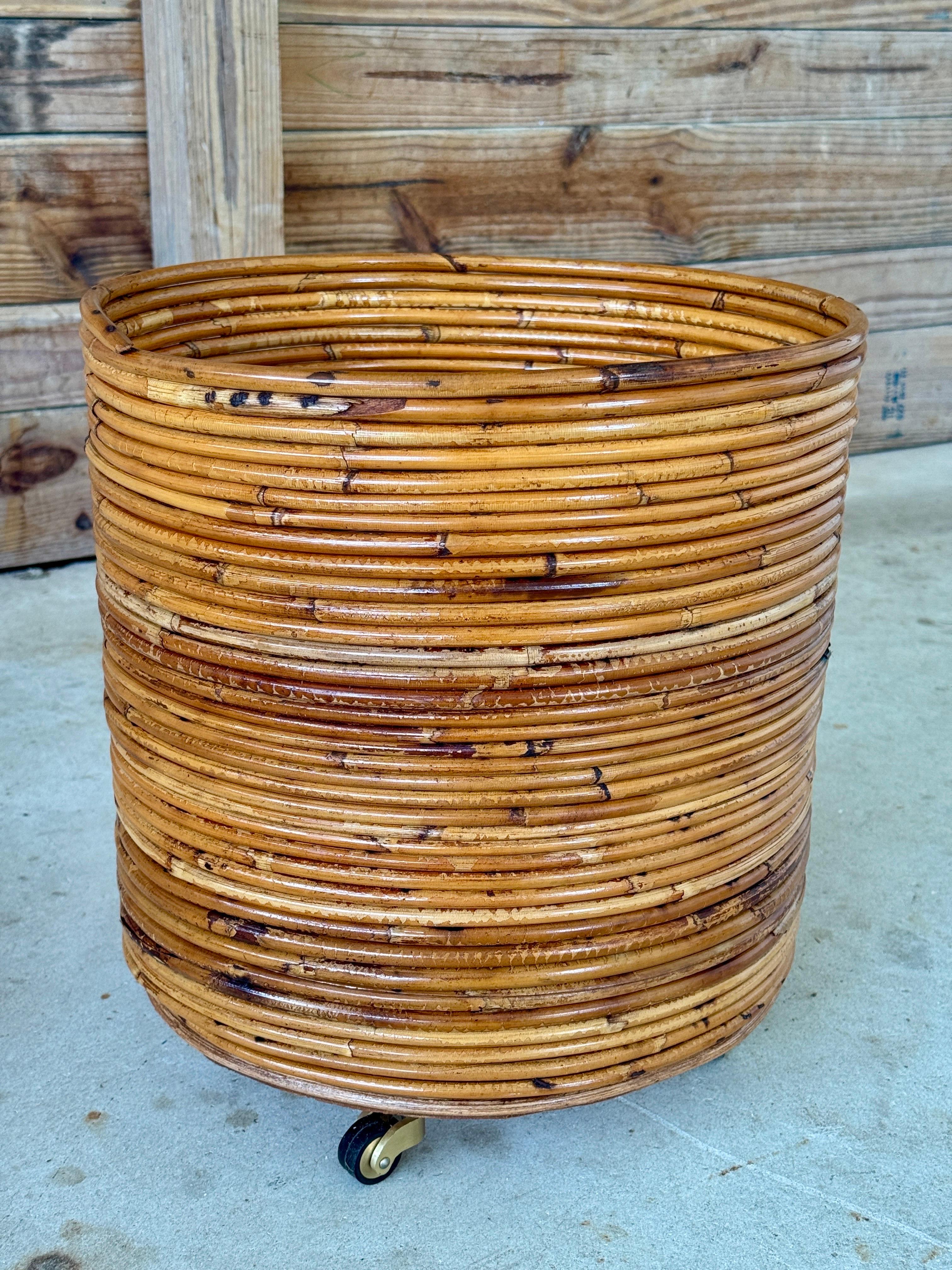 Brass Mid-20th Century Organic Modern Pencil Rattan Rolling Planter or Wastebasket For Sale