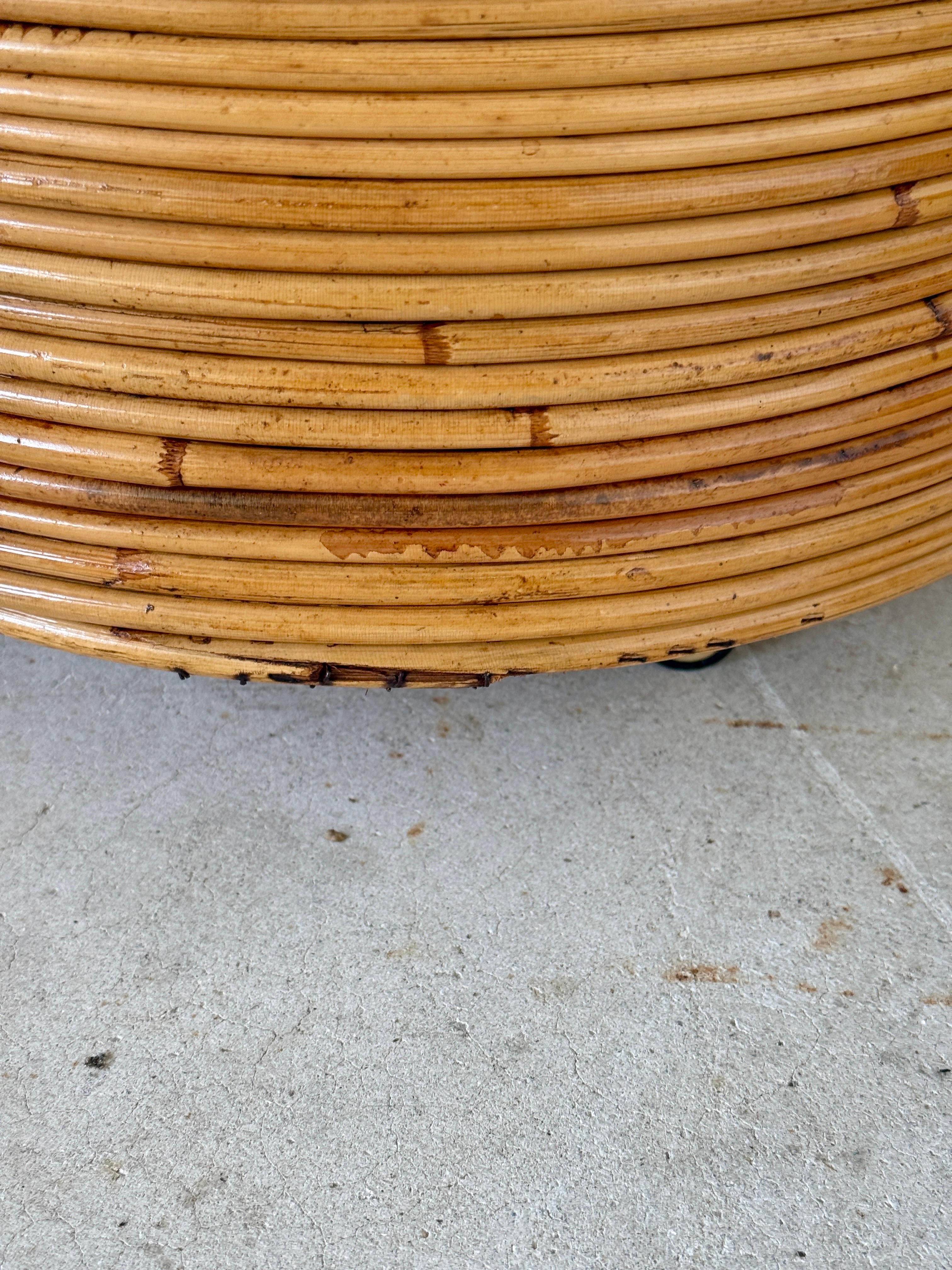 Brass Mid-20th Century Organic Modern Pencil Rattan Rolling Planter or Wastebasket For Sale