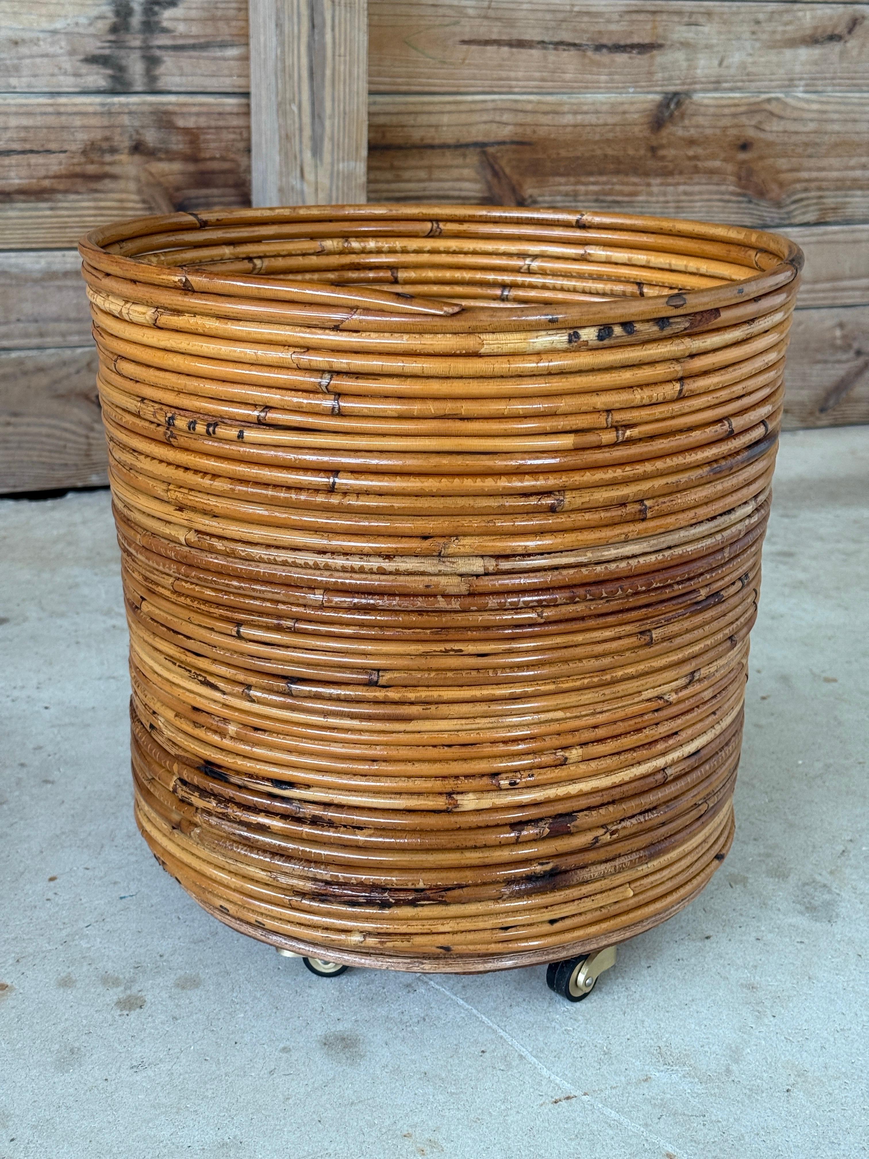 Mid-20th Century Organic Modern Pencil Rattan Rolling Planter or Wastebasket For Sale 1