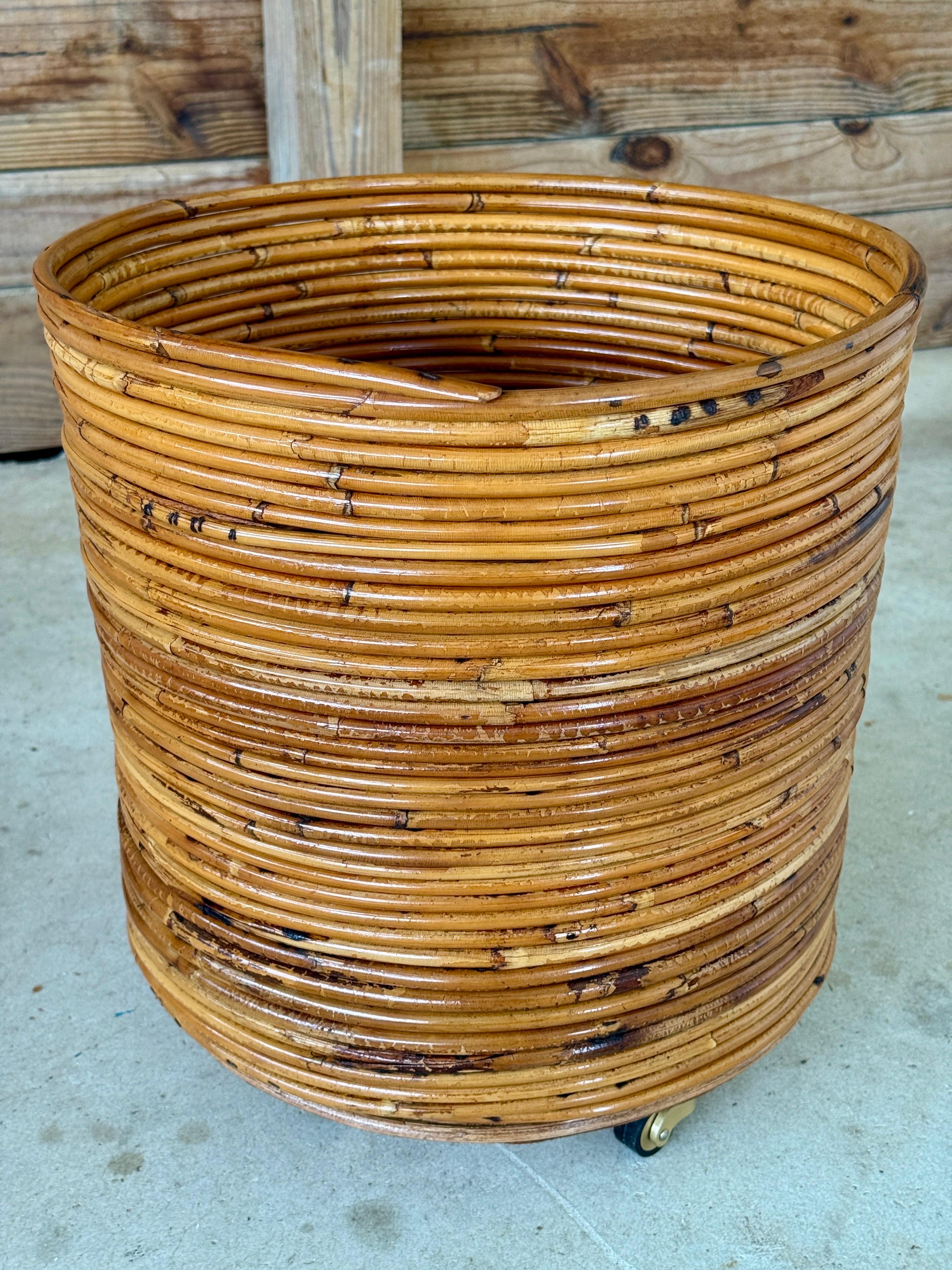 Mid-20th Century Organic Modern Pencil Rattan Rolling Planter or Wastebasket For Sale 2