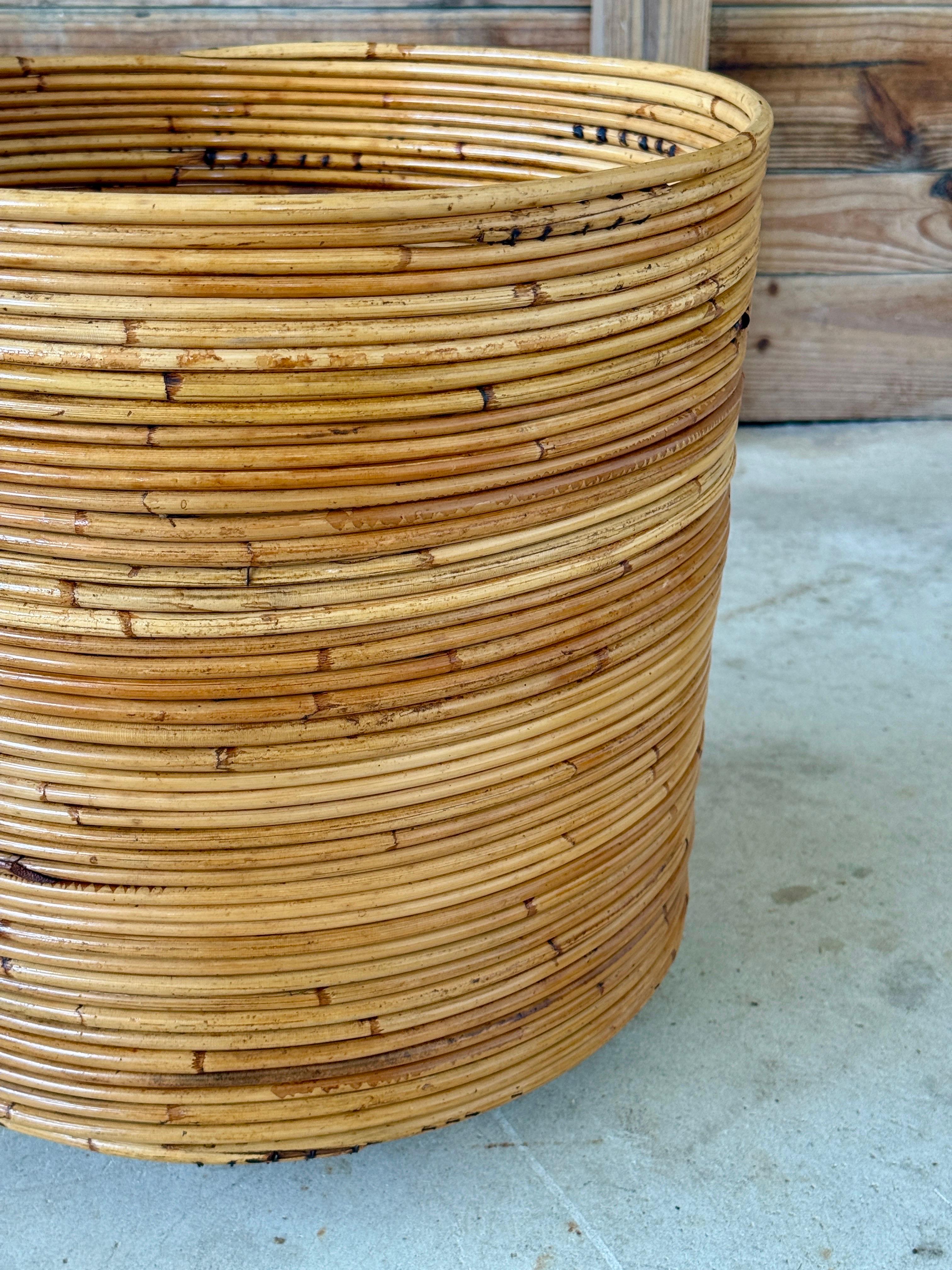 Mid-20th Century Organic Modern Pencil Rattan Rolling Planter or Wastebasket For Sale 2