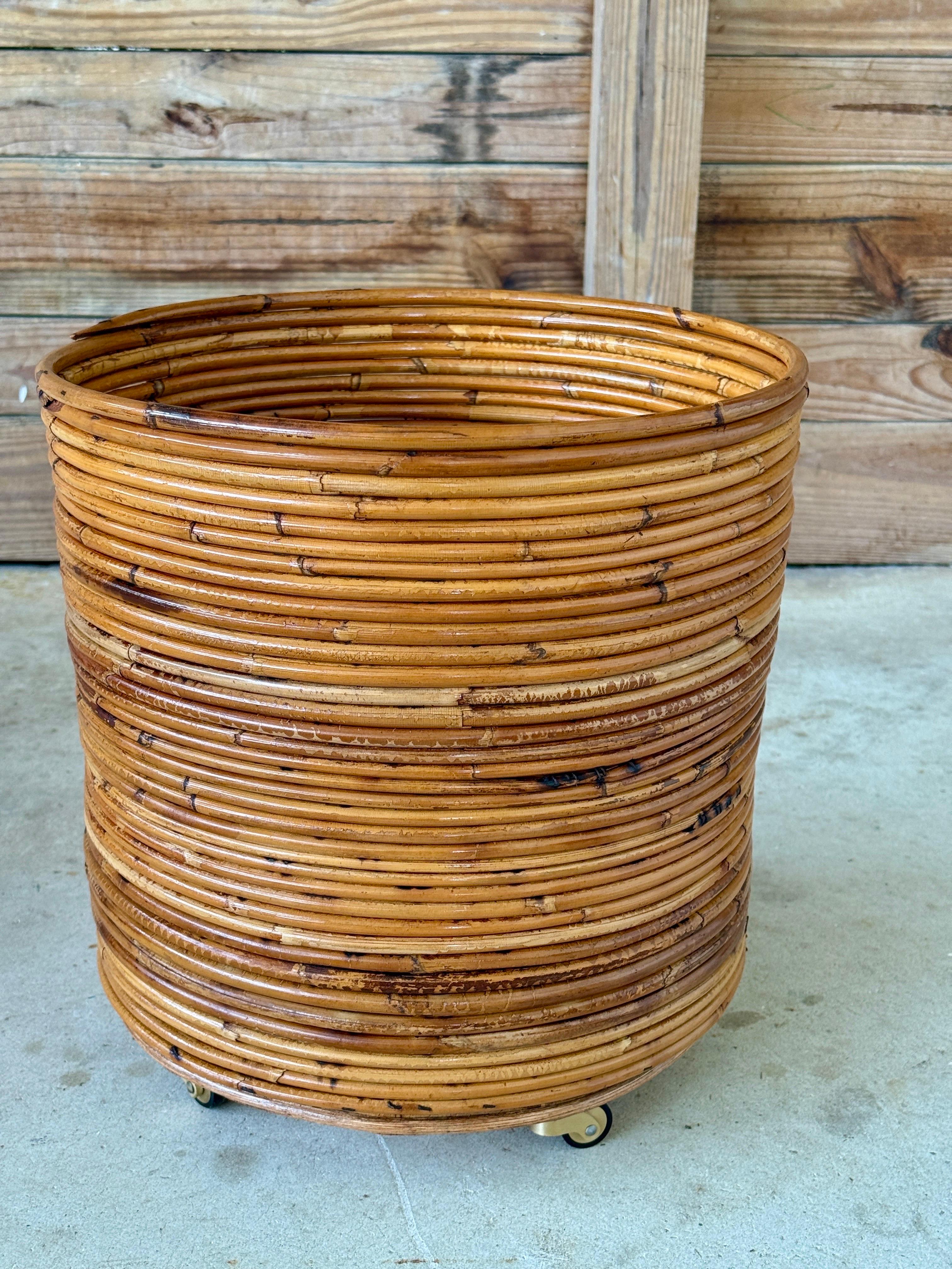 Mid-20th Century Organic Modern Pencil Rattan Rolling Planter or Wastebasket For Sale 3