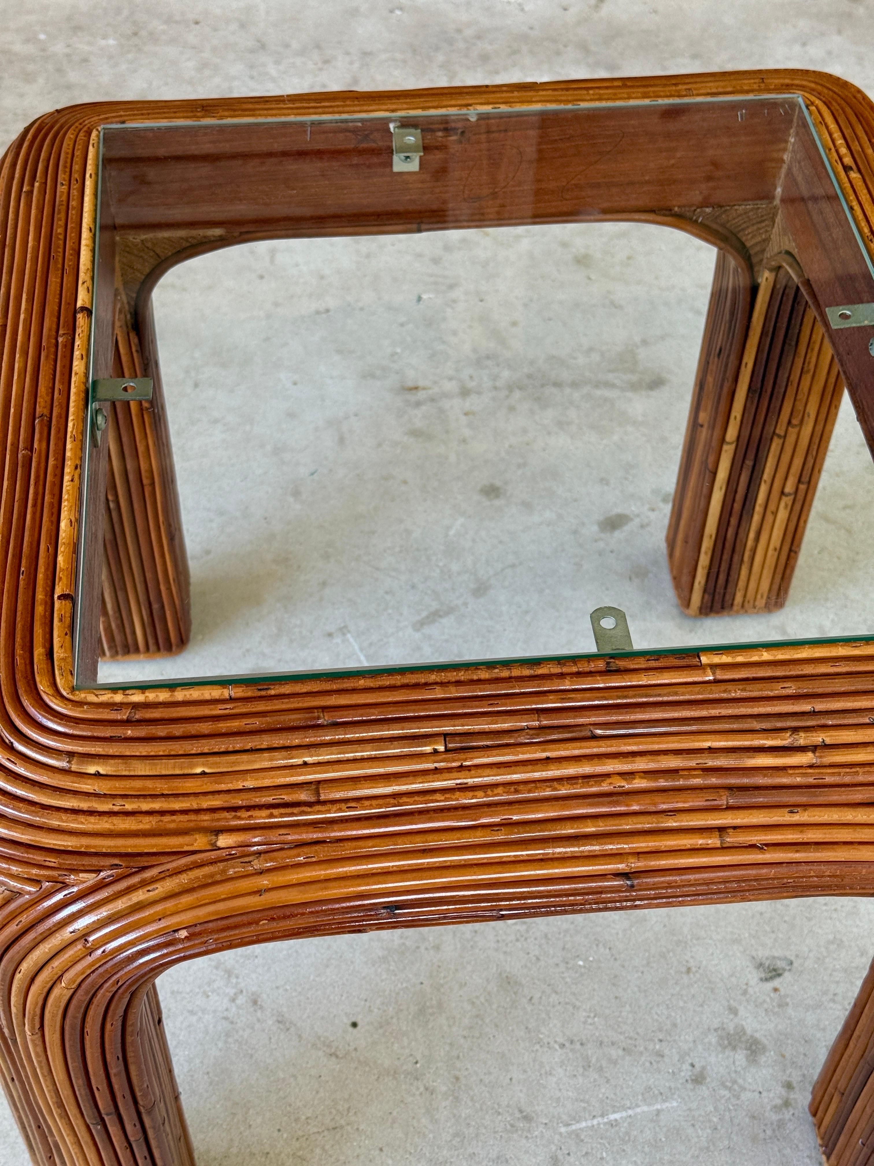Hand-Crafted Mid-20th Century Organic Modern Pencil Rattan Side Drink Table For Sale
