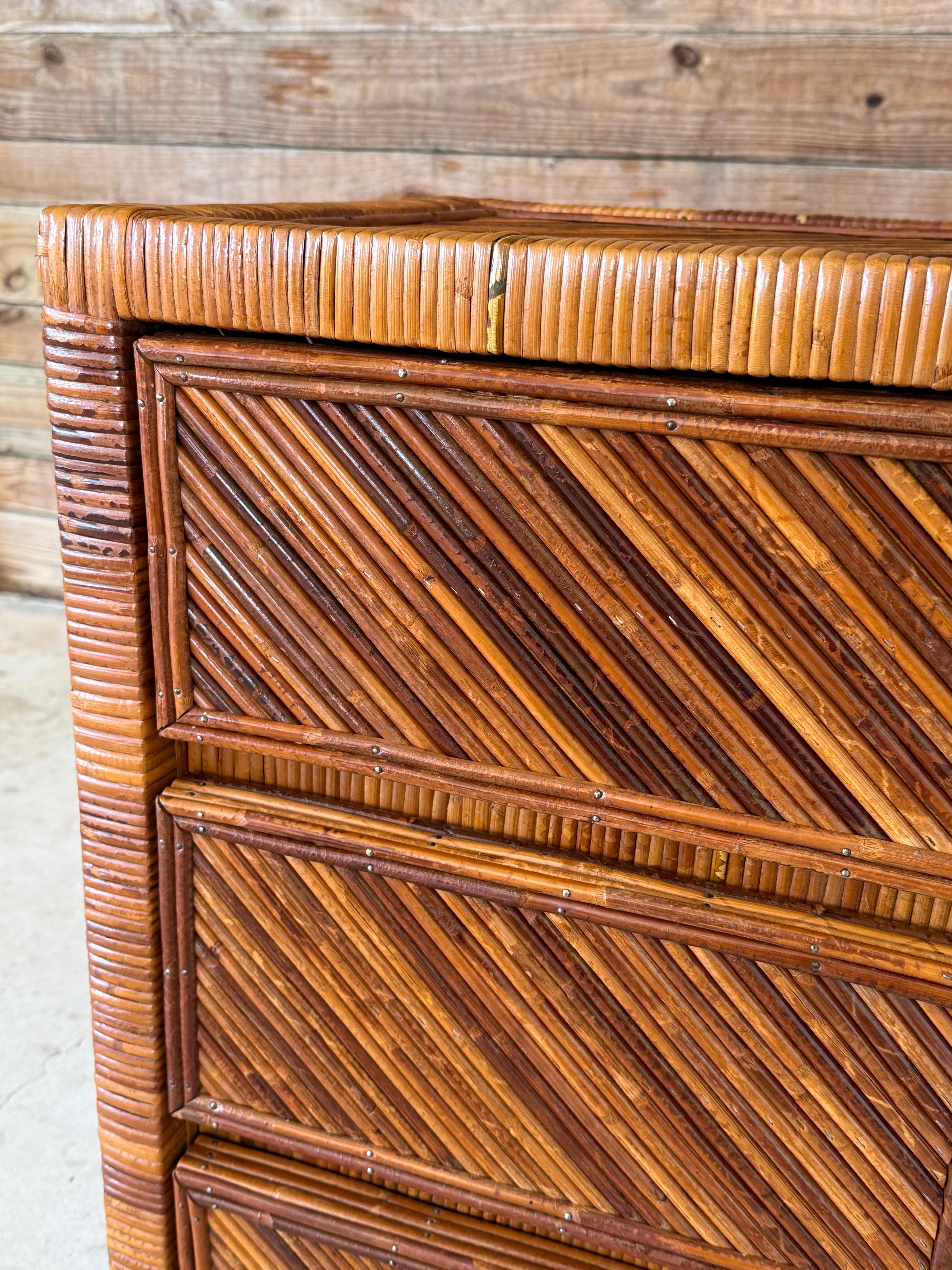 Mid-20th Century Organic Modern Pencil Reed Chevron Rattan Nightstand Chest For Sale 6