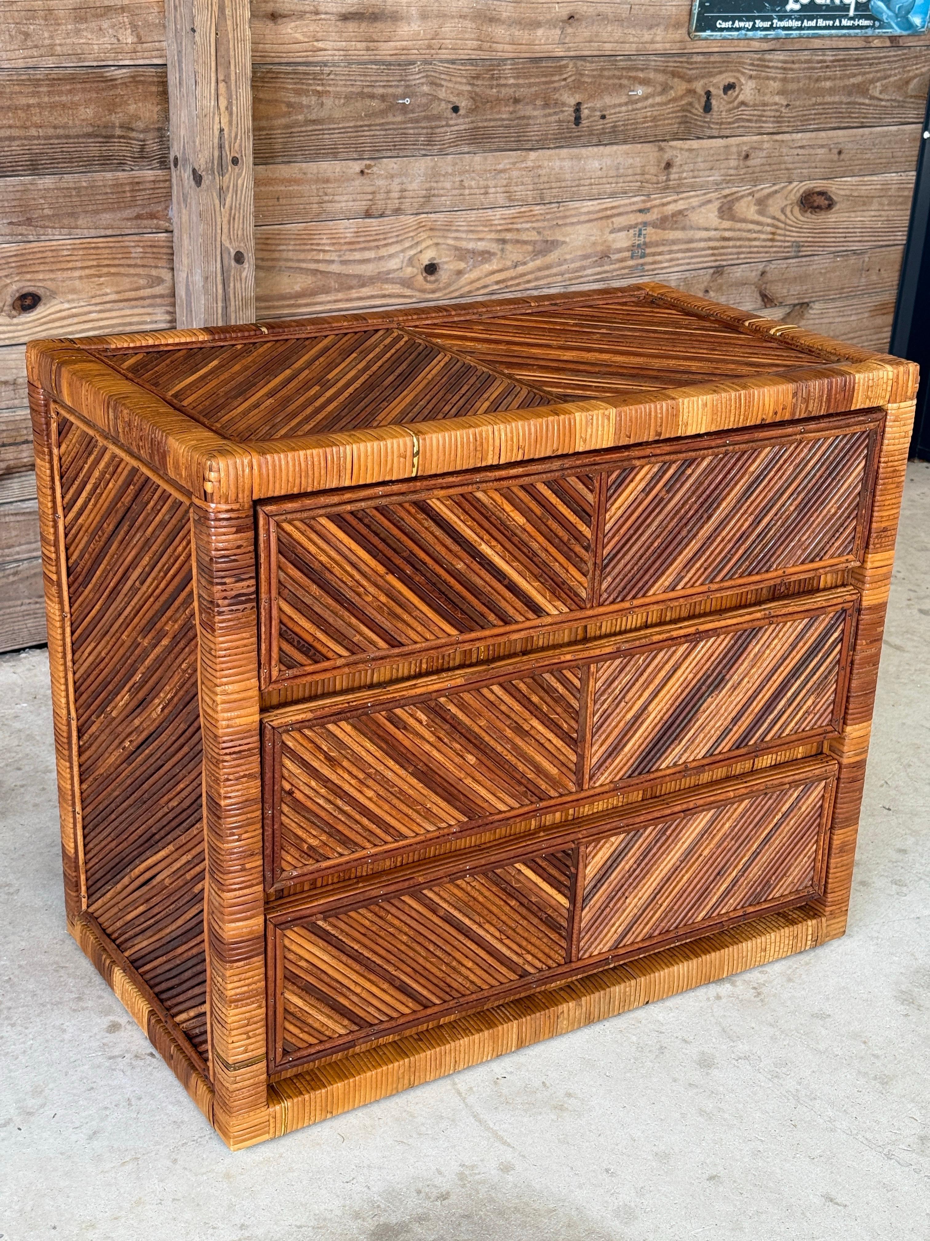 Mid-20th Century Organic Modern Pencil Reed Chevron Rattan Nightstand Chest For Sale 7